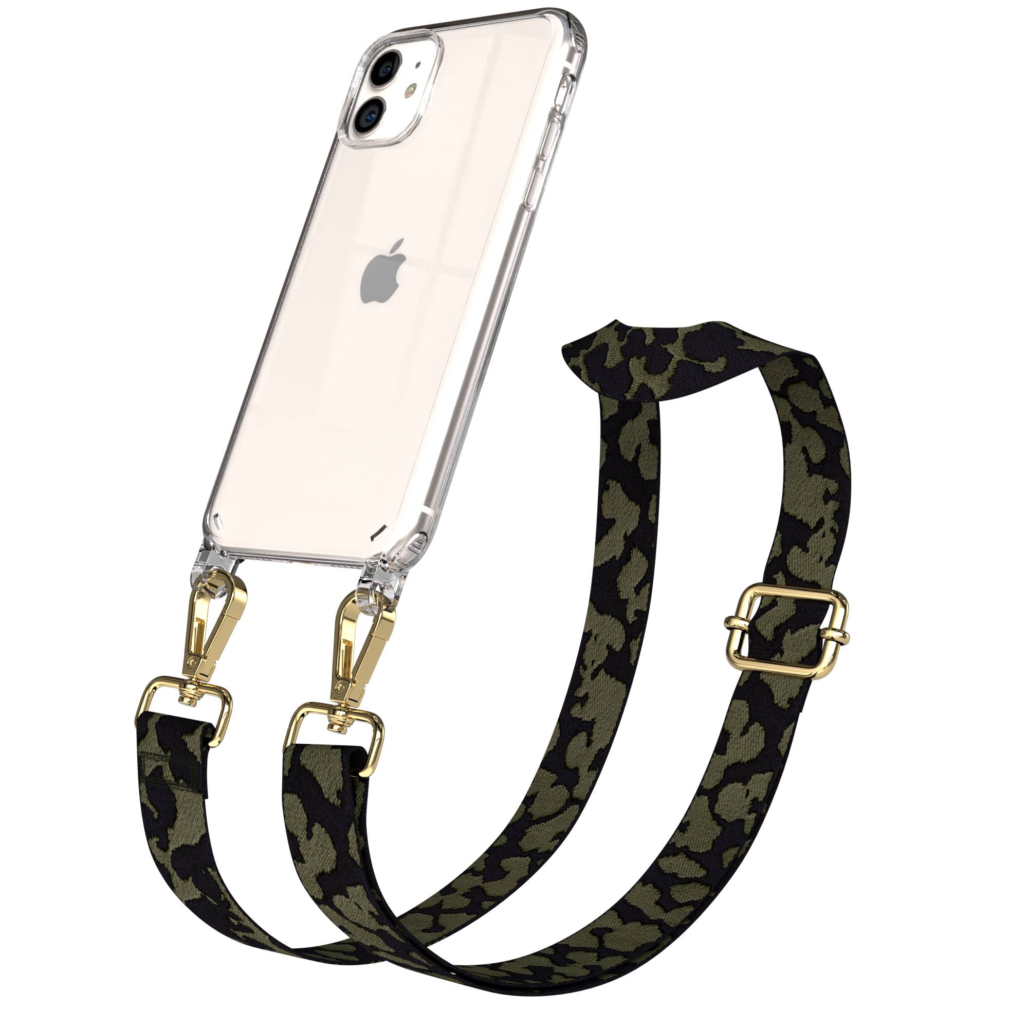iPhone 11 Handykette verstellbar mit Boho Band Polyester Metallapplikationen #farbe_dunkelgrun-camouflage-metallfarbe-gold