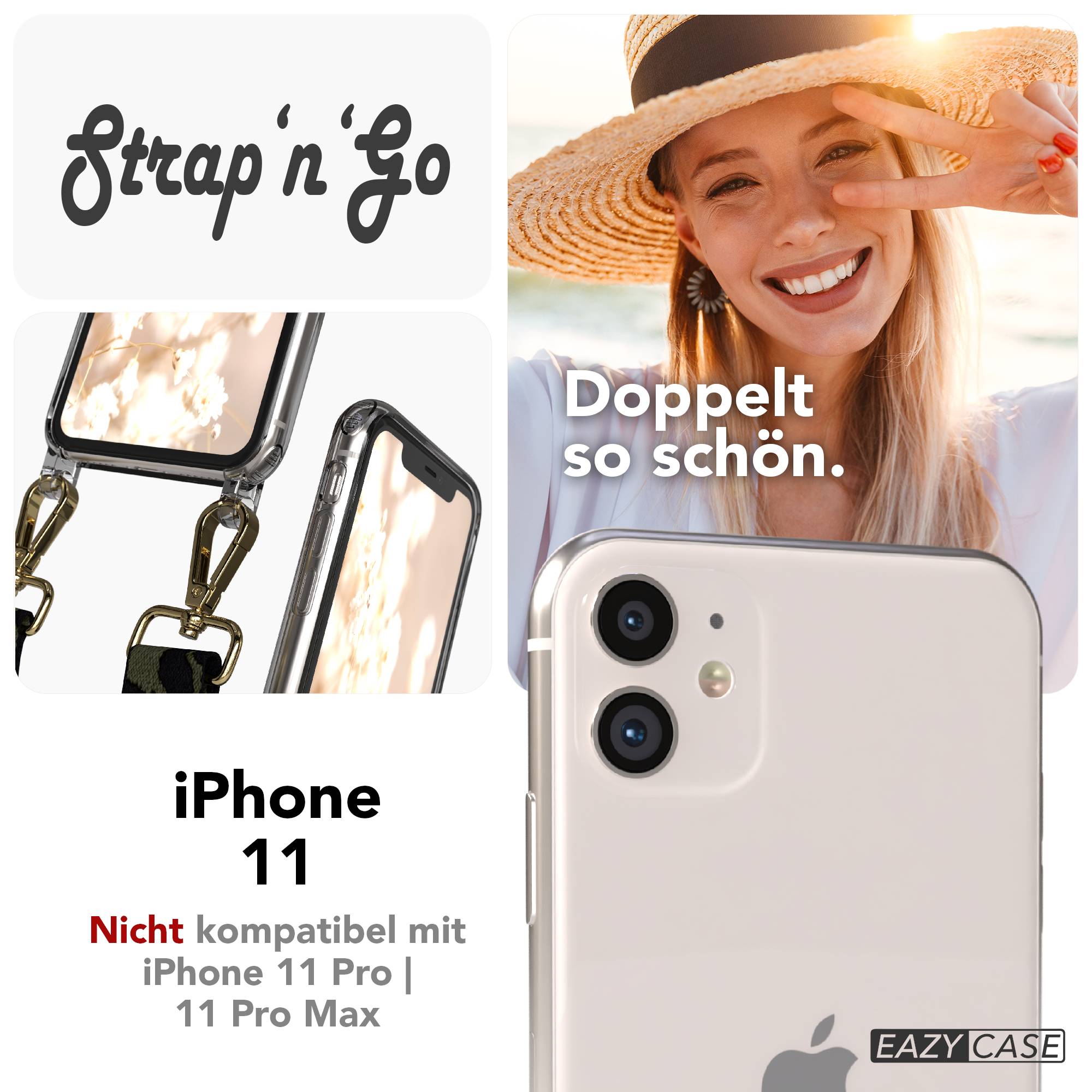 iPhone 11 Handykette verstellbar mit Boho Band Polyester Metallapplikationen #farbe_dunkelgrun-camouflage-metallfarbe-gold