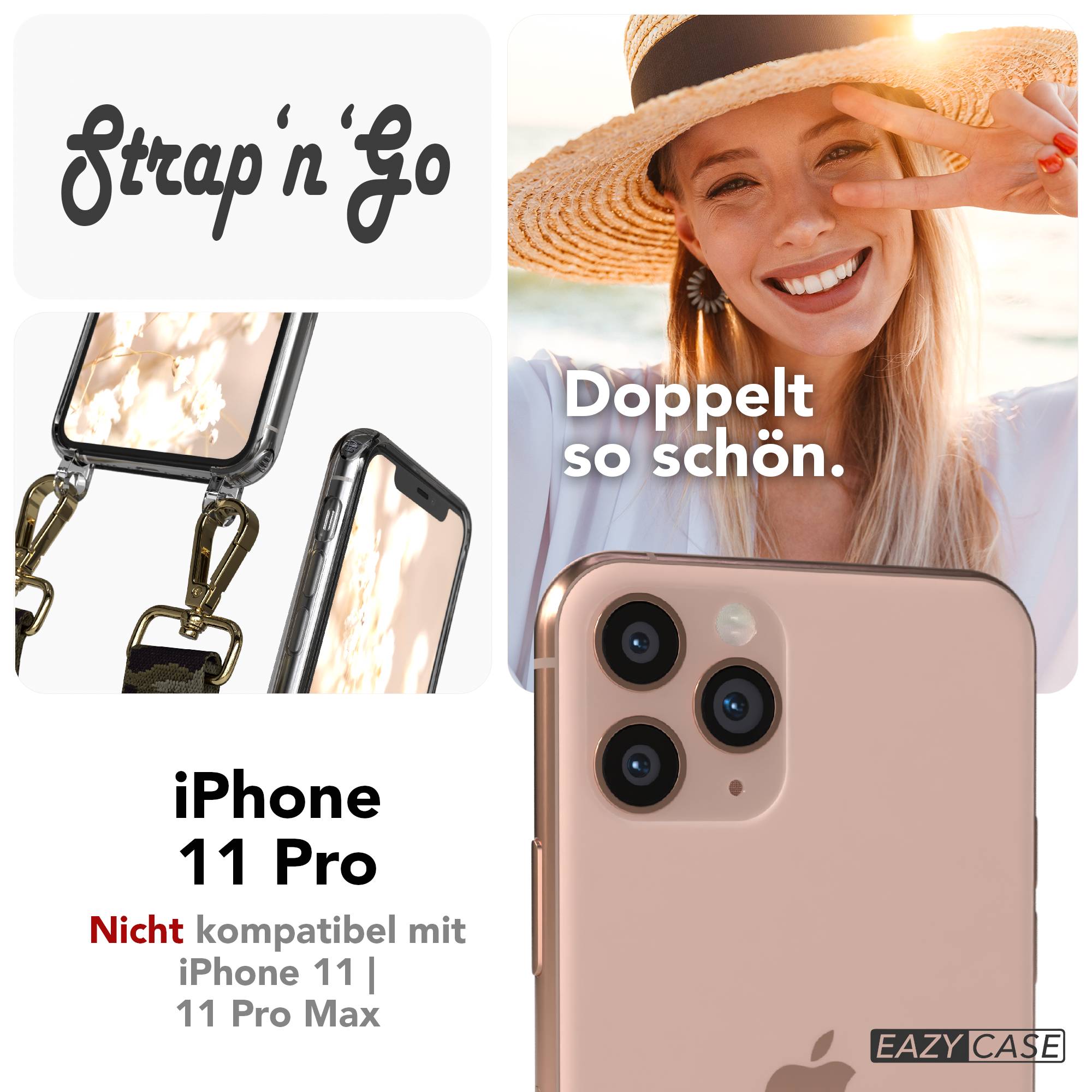 iPhone 11 Pro Handykette mit verstellbarem Boho Band EAZY CASE #farbe_grun-camouflage-metallfarbe-gold