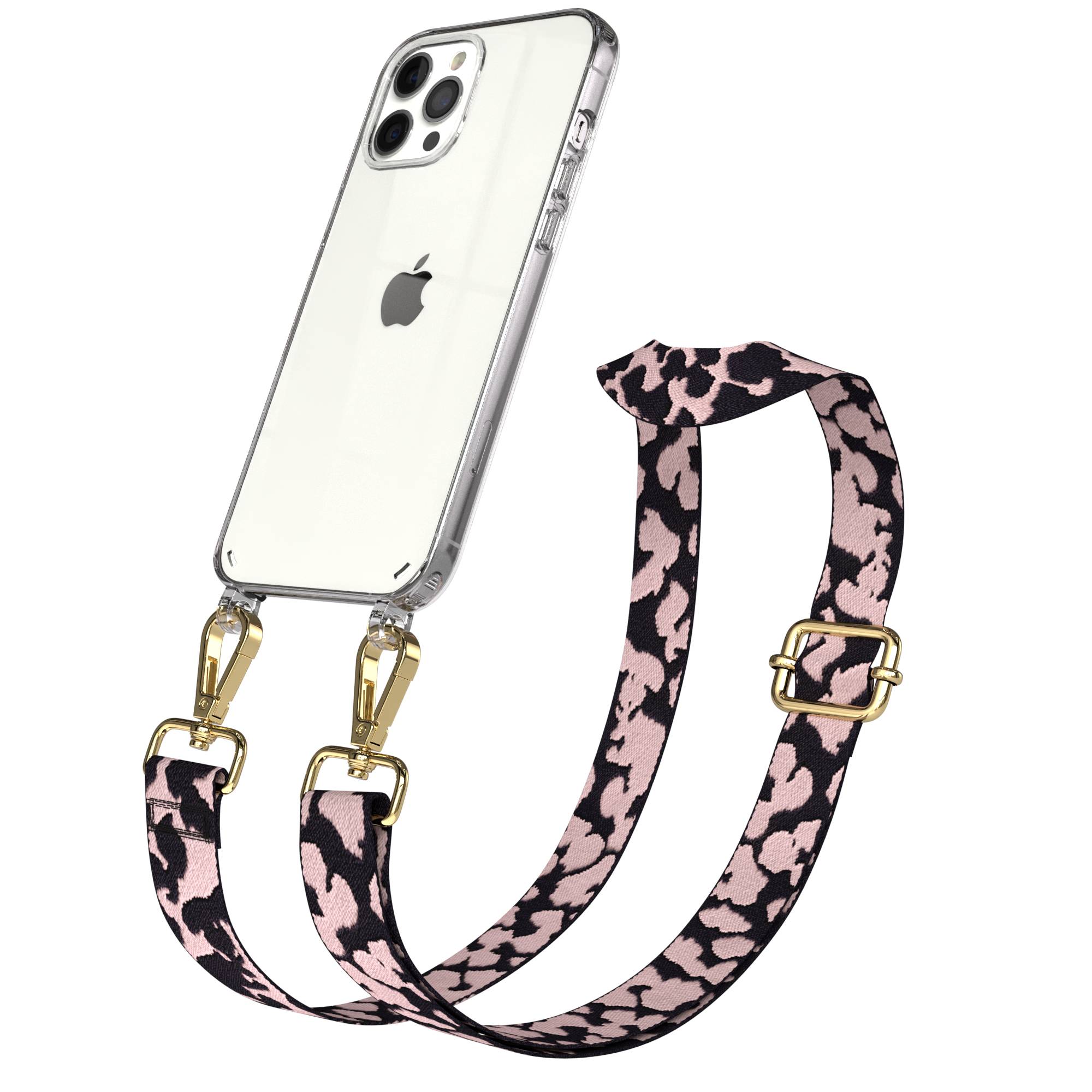 iPhone 12 Pro Max Handykette mit verstellbarem Boho Band von EAZY CASE #farbe_rosa-camouflage-metallfarbe-gold