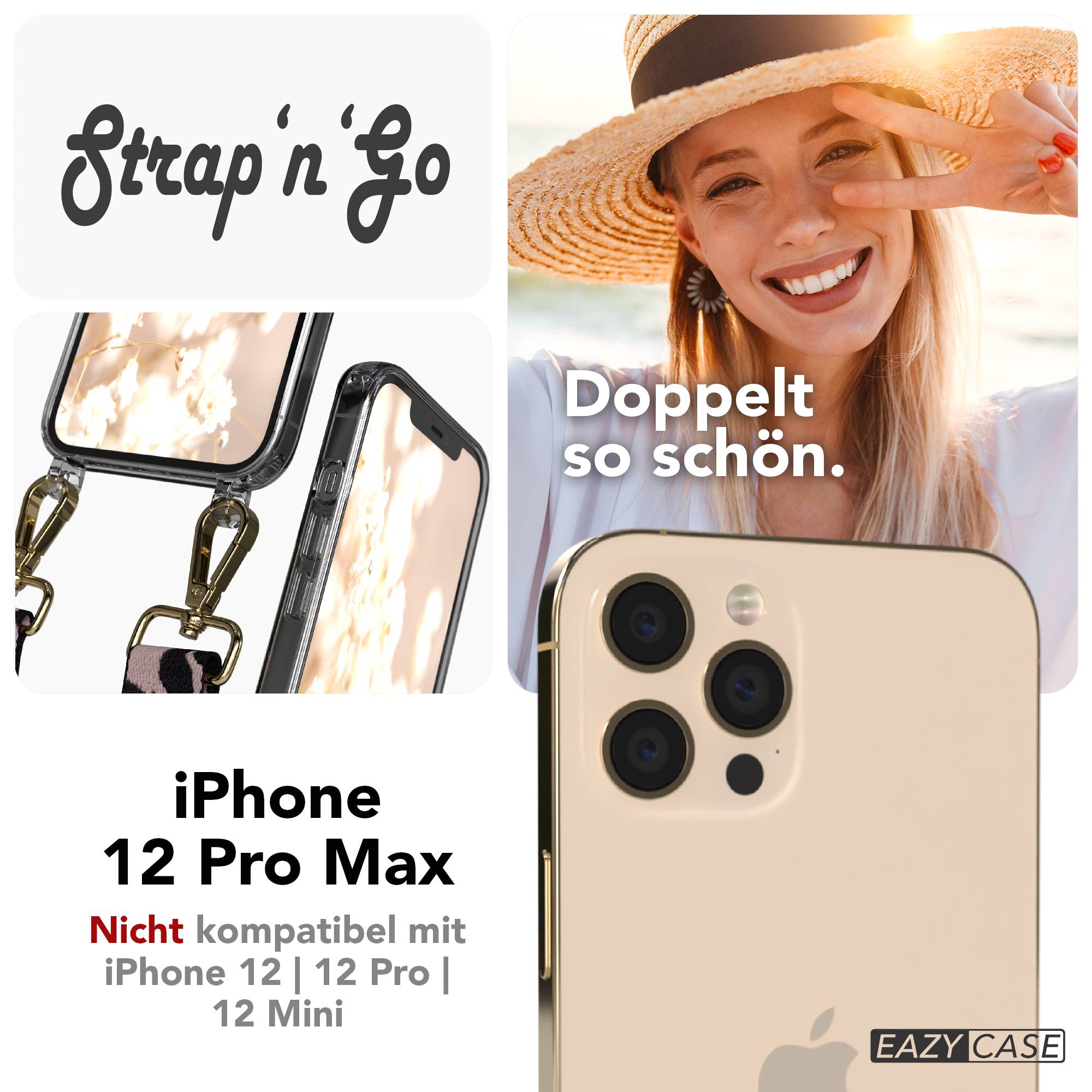 iPhone 12 Pro Max Handykette mit verstellbarem Boho Band von EAZY CASE #farbe_rosa-camouflage-metallfarbe-gold