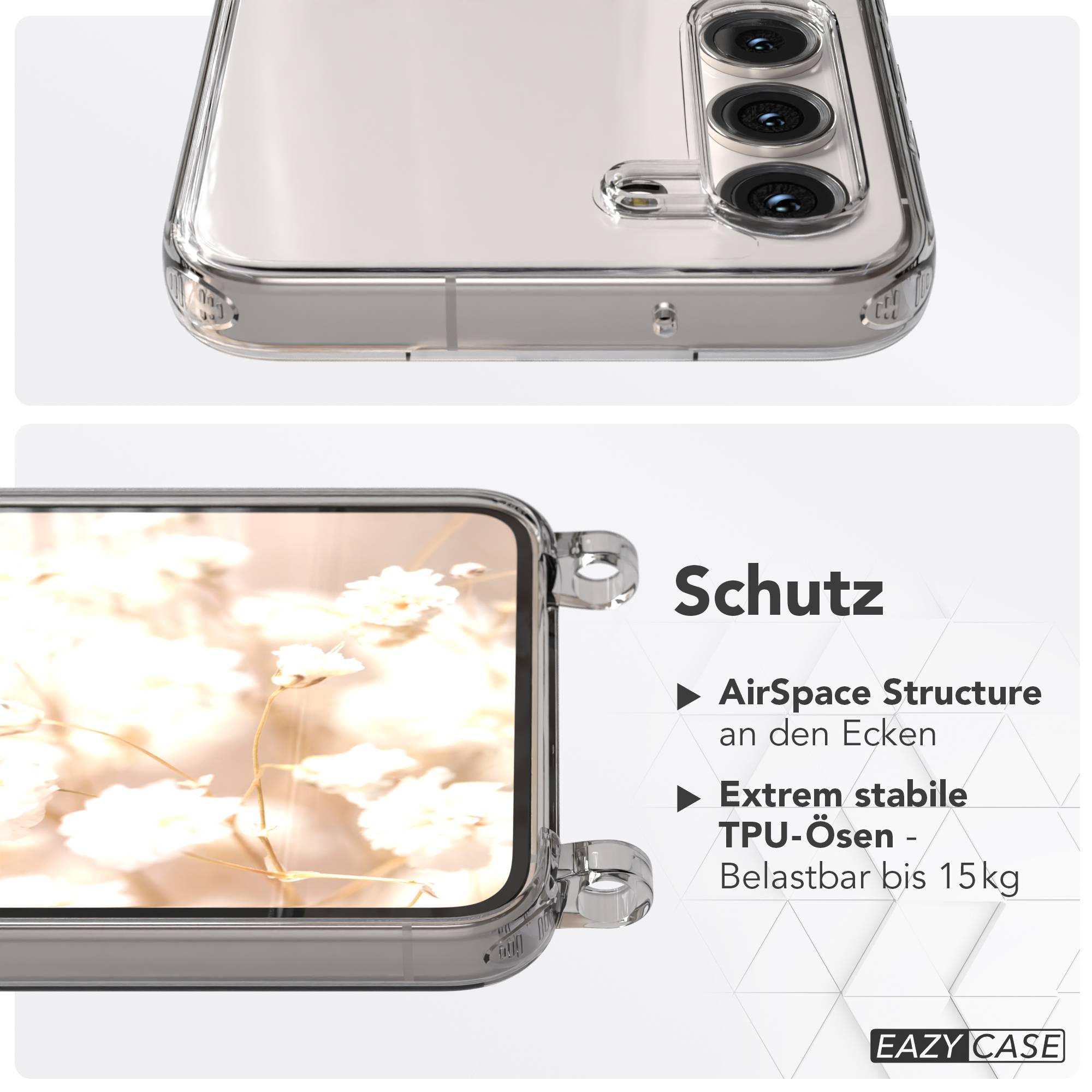 Samsung Galaxy S23 Handykette mit Boho Band und verstellbarem Riemen #farbe_grau-camouflage-metallfarbe-gold