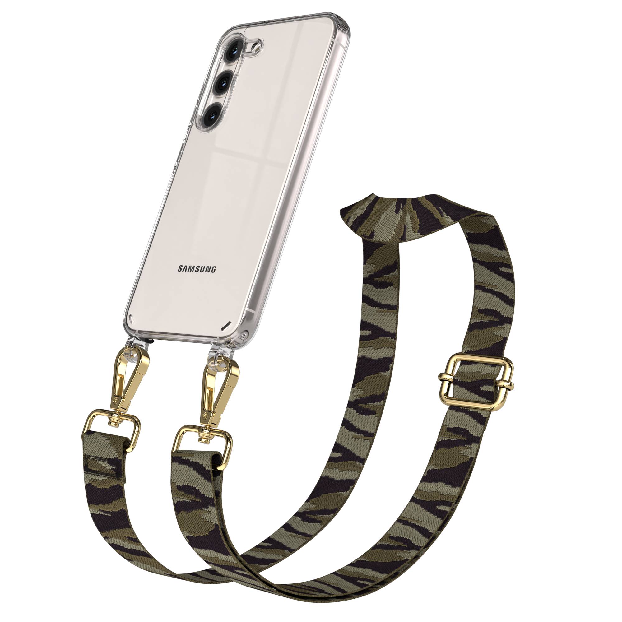 Samsung Galaxy S23 Handykette mit Boho Band und verstellbarem Riemen #farbe_grun-camouflage-metallfarbe-gold
