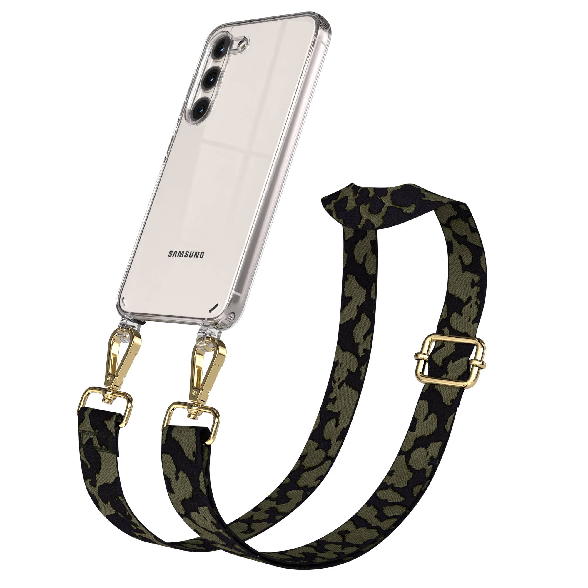 Samsung Galaxy S23 Handykette mit Boho Band und verstellbarem Riemen #farbe_dunkelgrun-camouflage-metallfarbe-gold