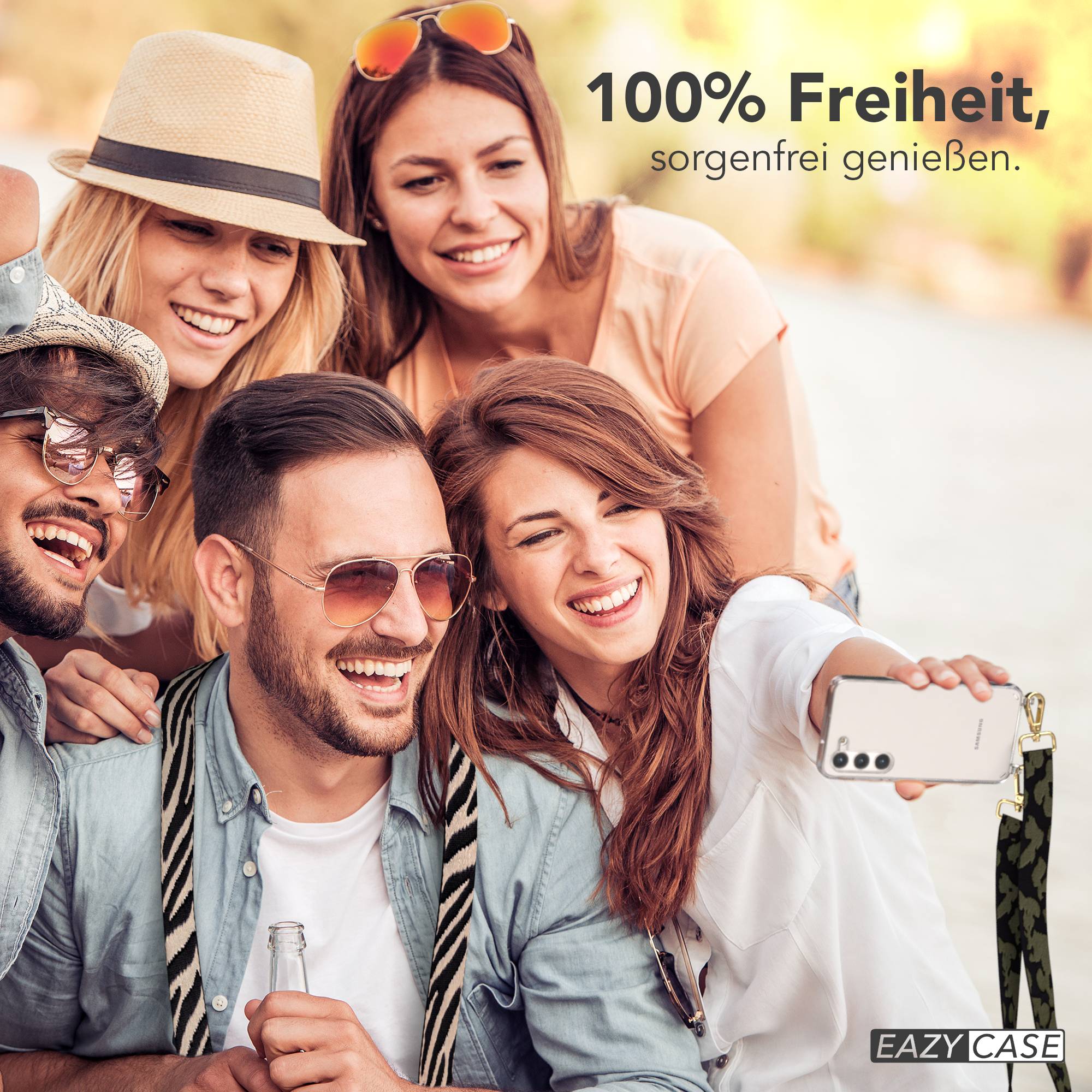Samsung Galaxy S23 Handykette mit Boho Band und verstellbarem Riemen #farbe_dunkelgrun-camouflage-metallfarbe-gold