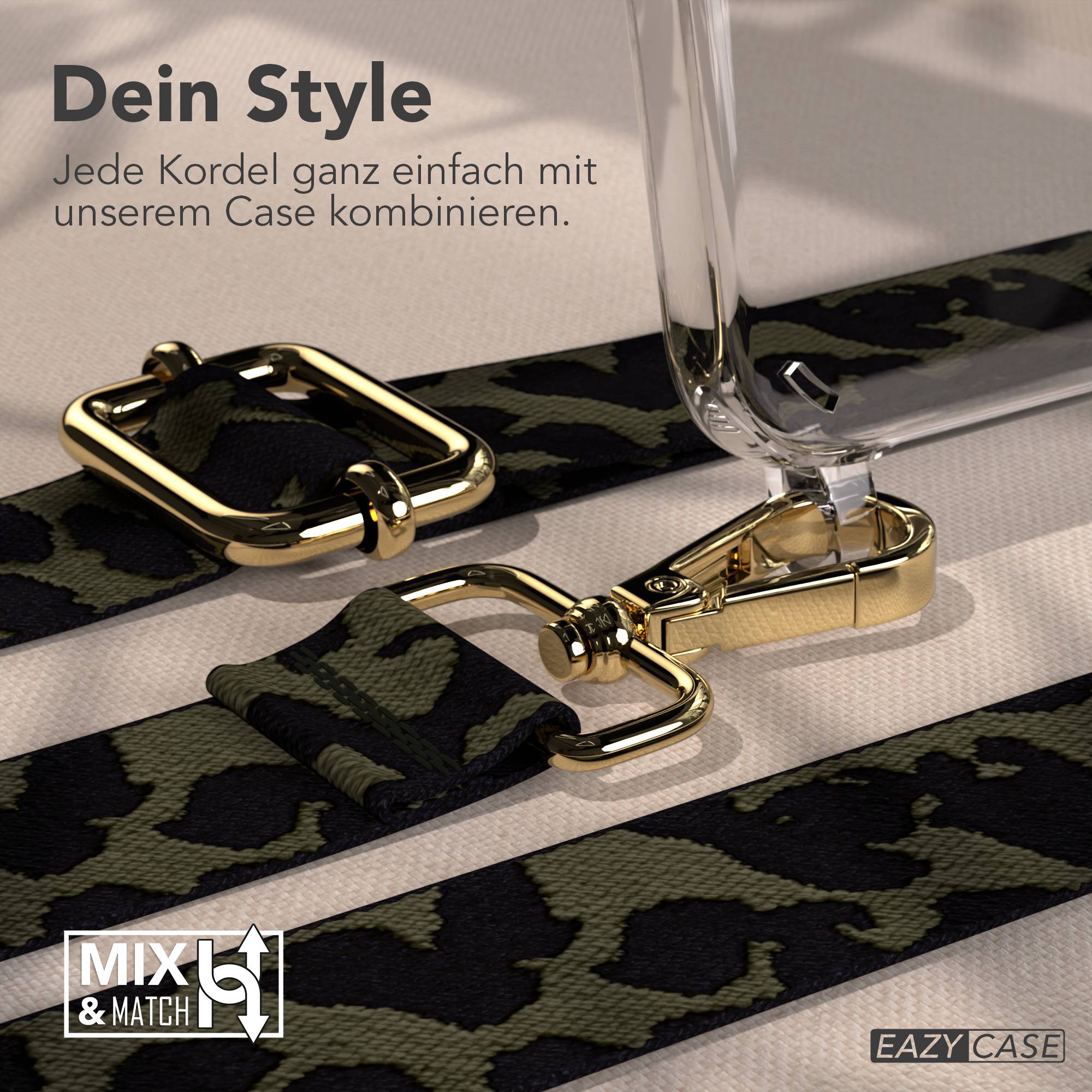 Samsung Galaxy S23 Handykette mit Boho Band und verstellbarem Riemen #farbe_dunkelgrun-camouflage-metallfarbe-gold