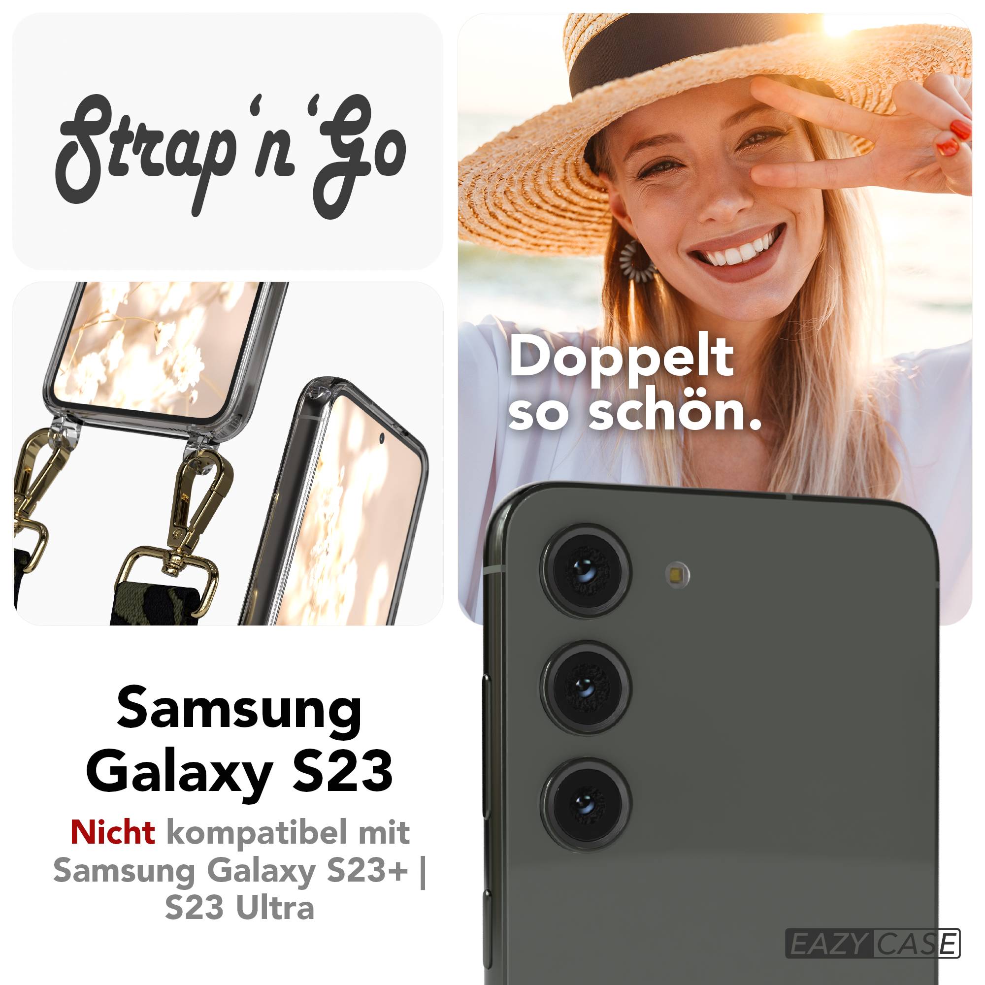 Samsung Galaxy S23 Handykette mit Boho Band und verstellbarem Riemen #farbe_dunkelgrun-camouflage-metallfarbe-gold
