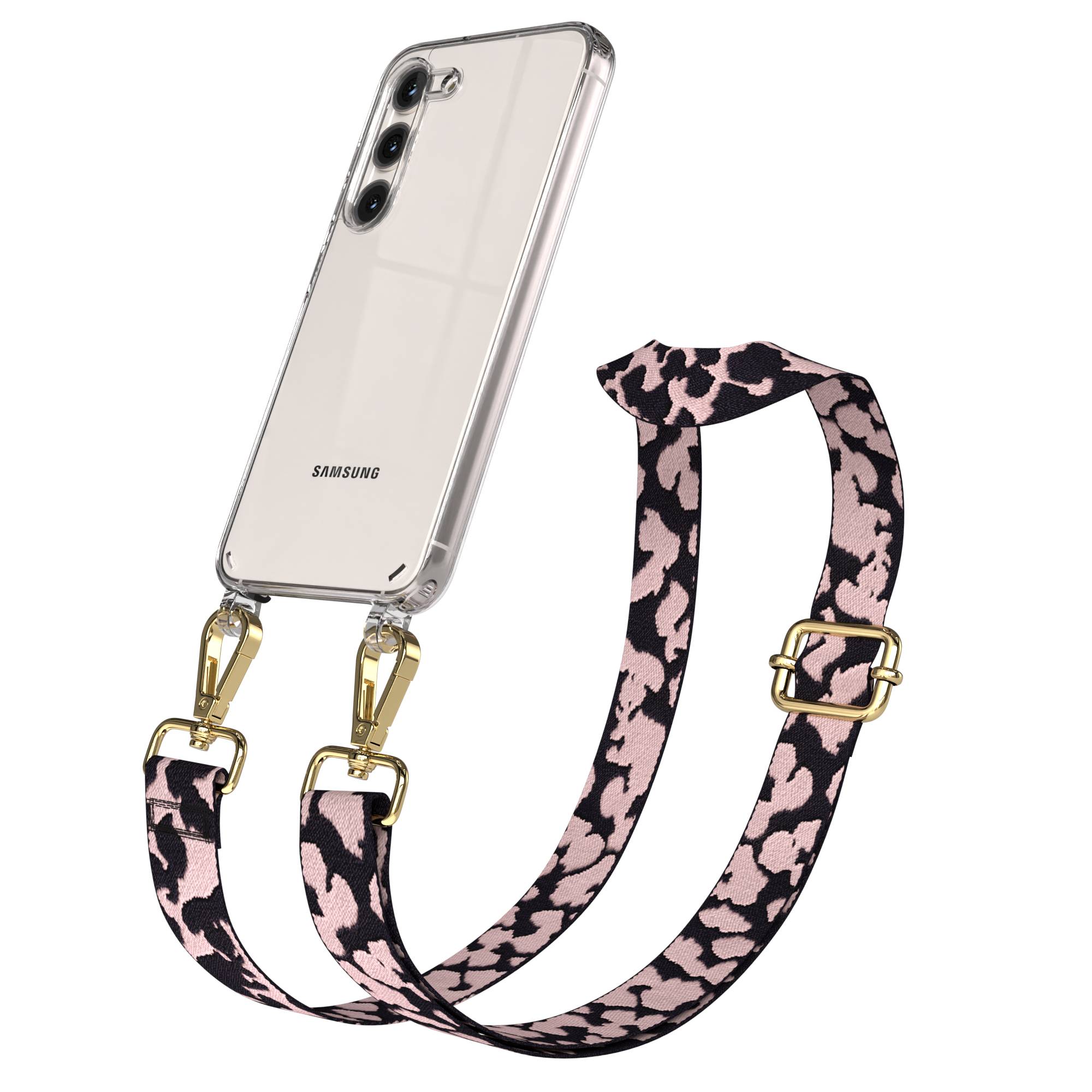 Samsung Galaxy S23 Handykette mit Boho Band und verstellbarem Riemen #farbe_rosa-camouflage-metallfarbe-gold