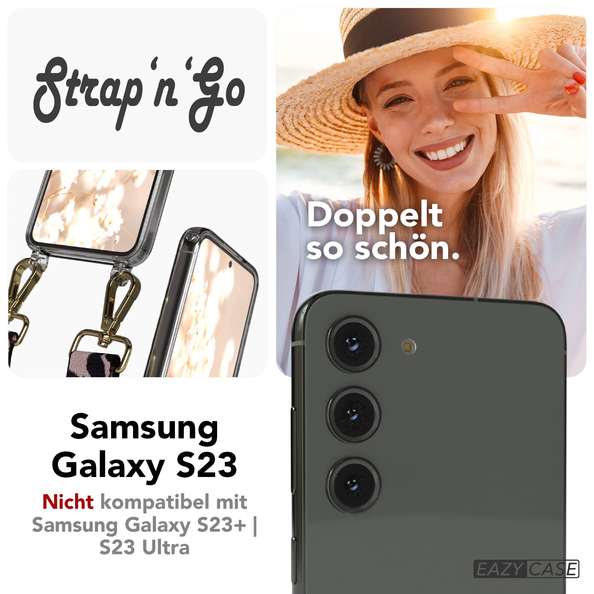Samsung Galaxy S23 Handykette mit Boho Band und verstellbarem Riemen #farbe_rosa-camouflage-metallfarbe-gold