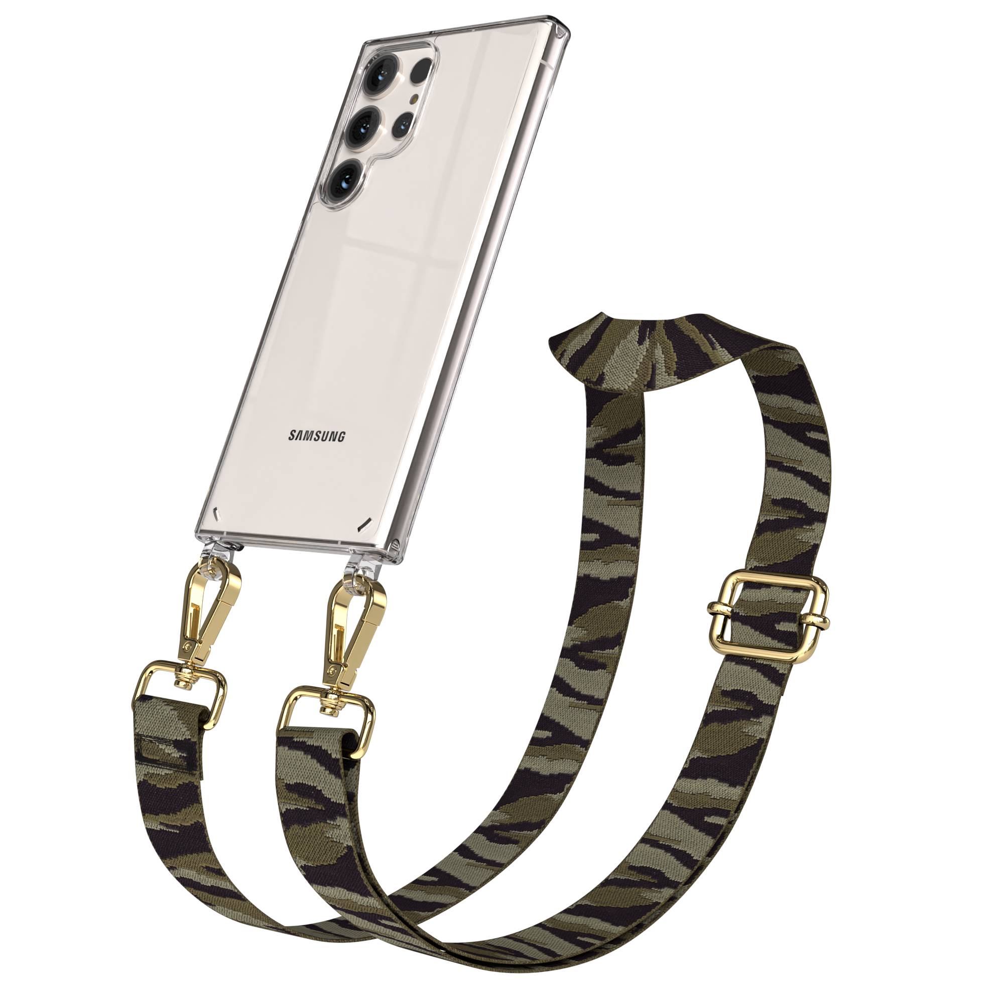 Samsung Galaxy S23 Ultra Handykette mit Boho Band verstellbar #farbe_grun-camouflage-metallfarbe-gold