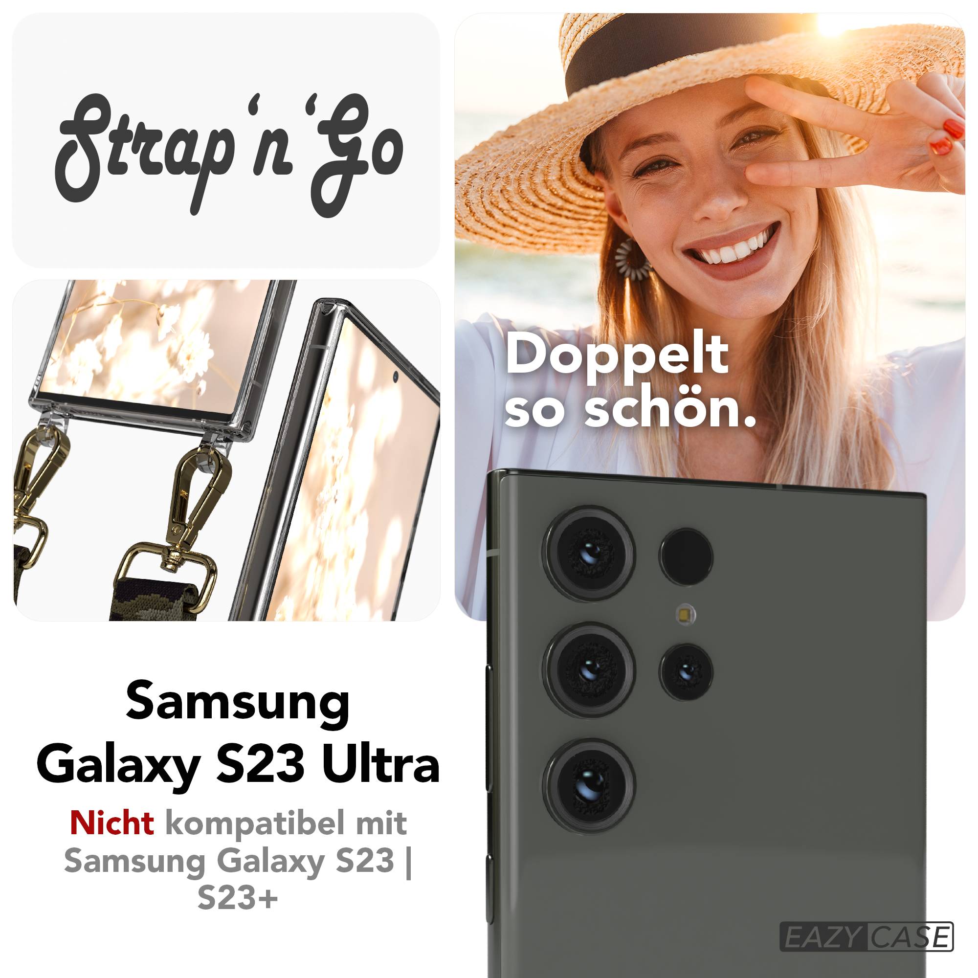 Samsung Galaxy S23 Ultra Handykette mit Boho Band verstellbar #farbe_grun-camouflage-metallfarbe-gold