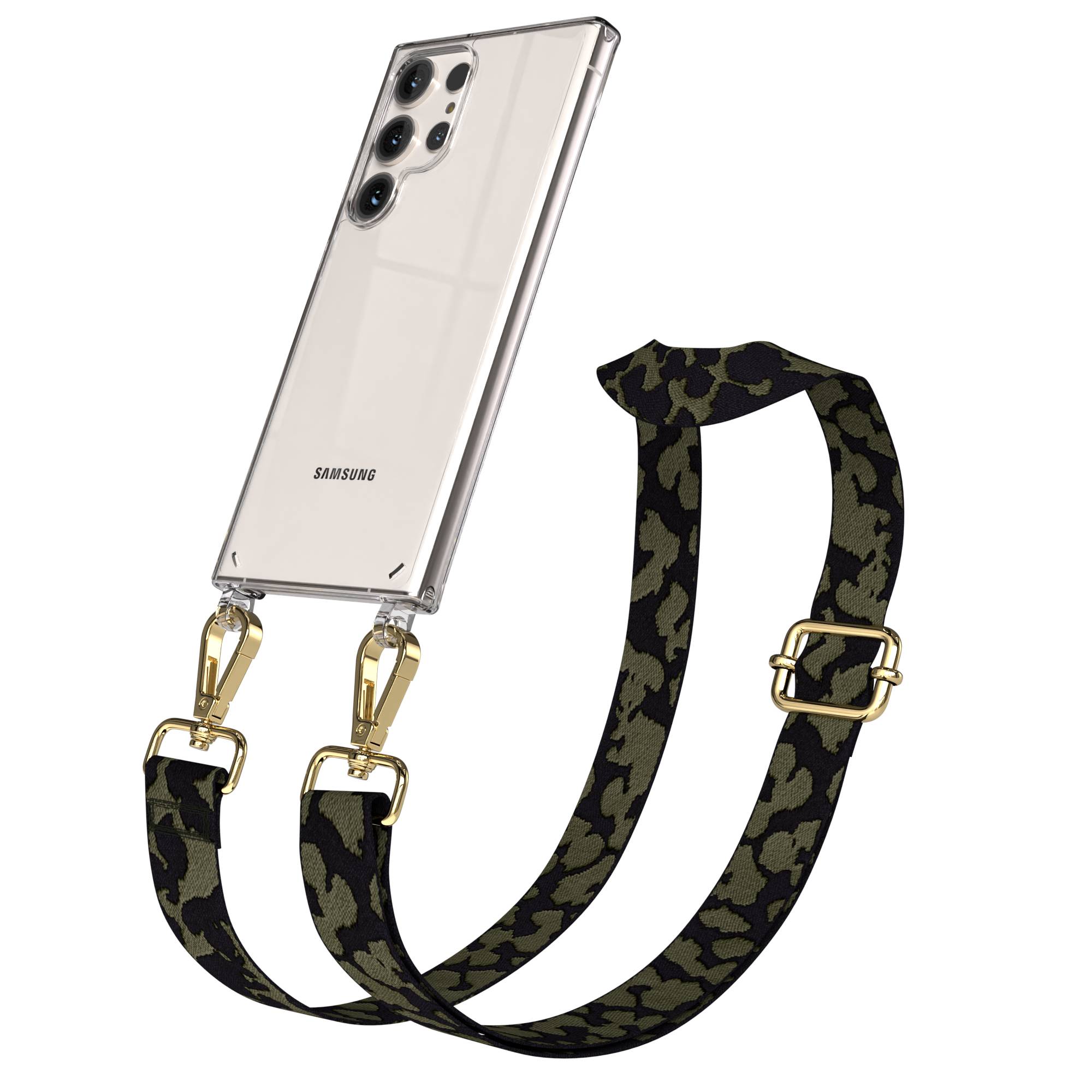 Samsung Galaxy S23 Ultra Handykette mit Boho Band verstellbar #farbe_dunkelgrun-camouflage-metallfarbe-gold