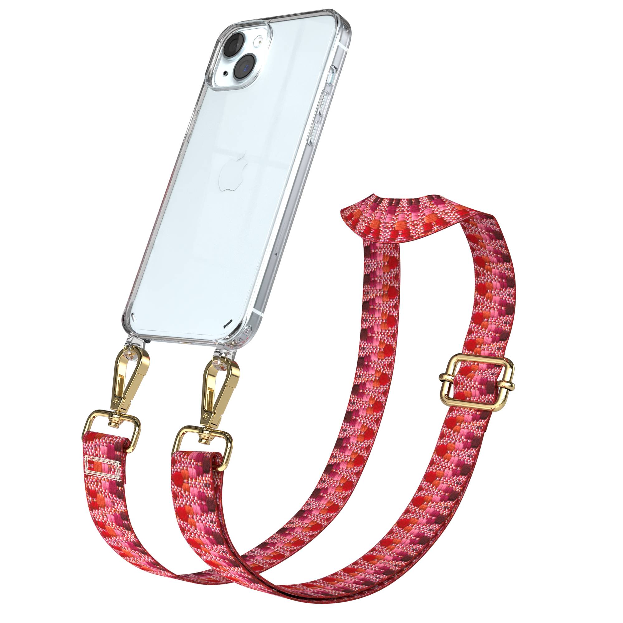 iPhone 15 Plus Handykette verstellbar mit Boho Band Design EAZY CASE #farbe_beere-metallfarbe-gold