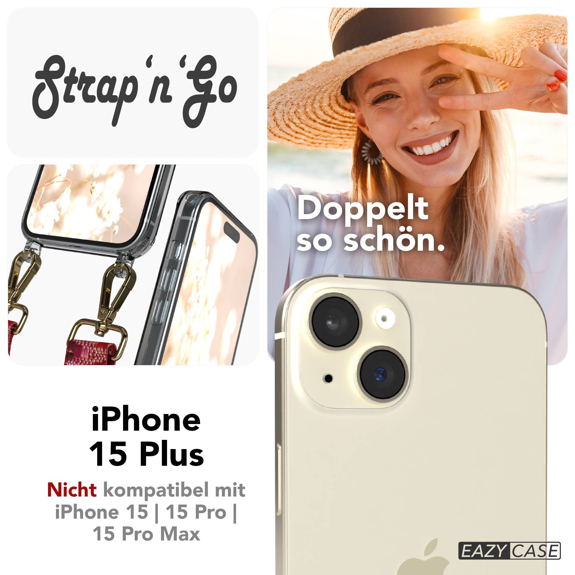 iPhone 15 Plus Handykette verstellbar mit Boho Band Design EAZY CASE #farbe_beere-metallfarbe-gold