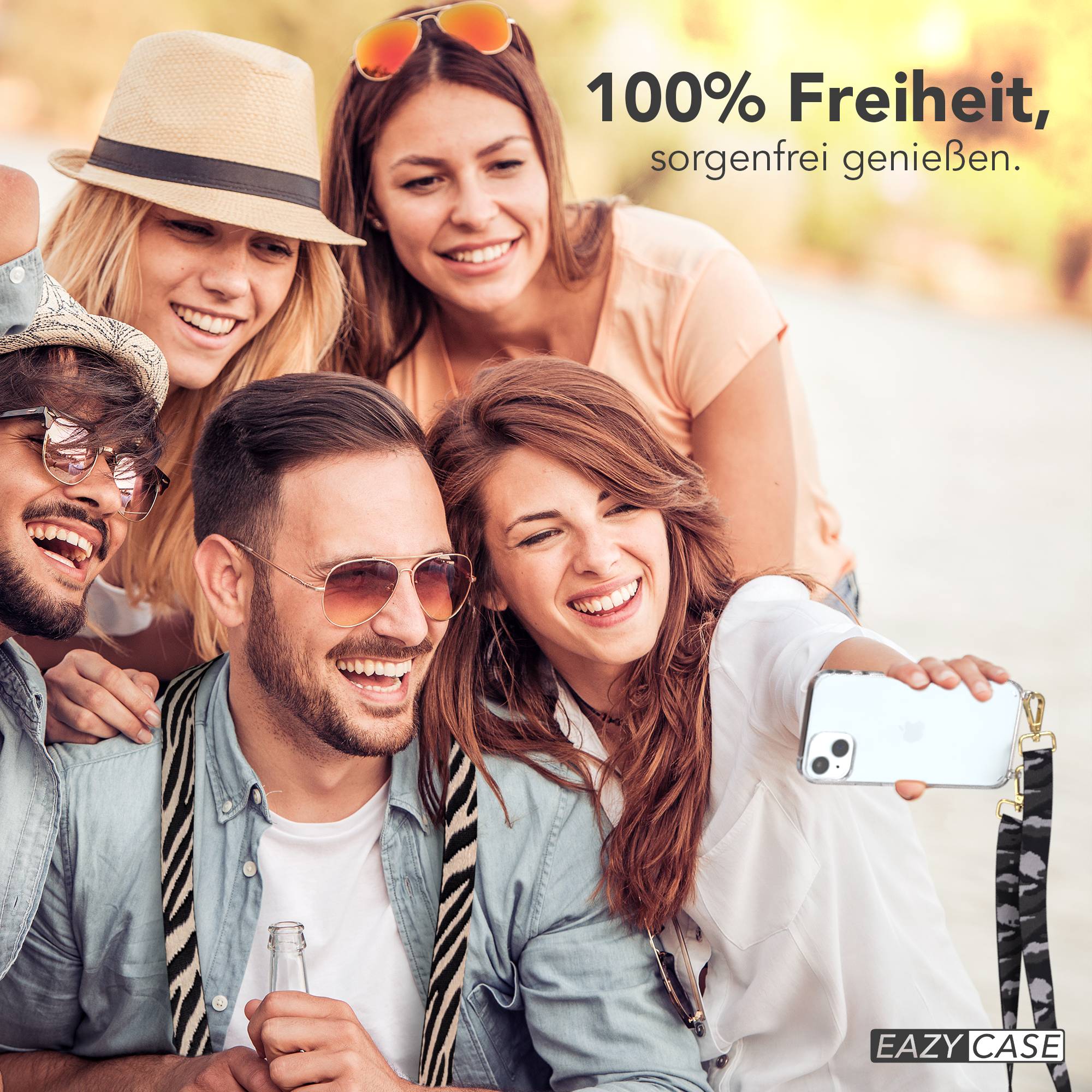 iPhone 15 Plus Handykette verstellbar mit Boho Band Design EAZY CASE #farbe_grau-camouflage-metallfarbe-gold
