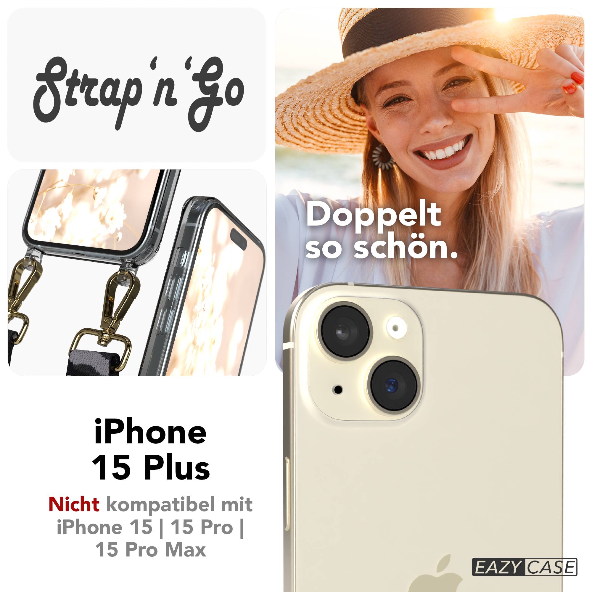 iPhone 15 Plus Handykette verstellbar mit Boho Band Design EAZY CASE #farbe_grau-camouflage-metallfarbe-gold