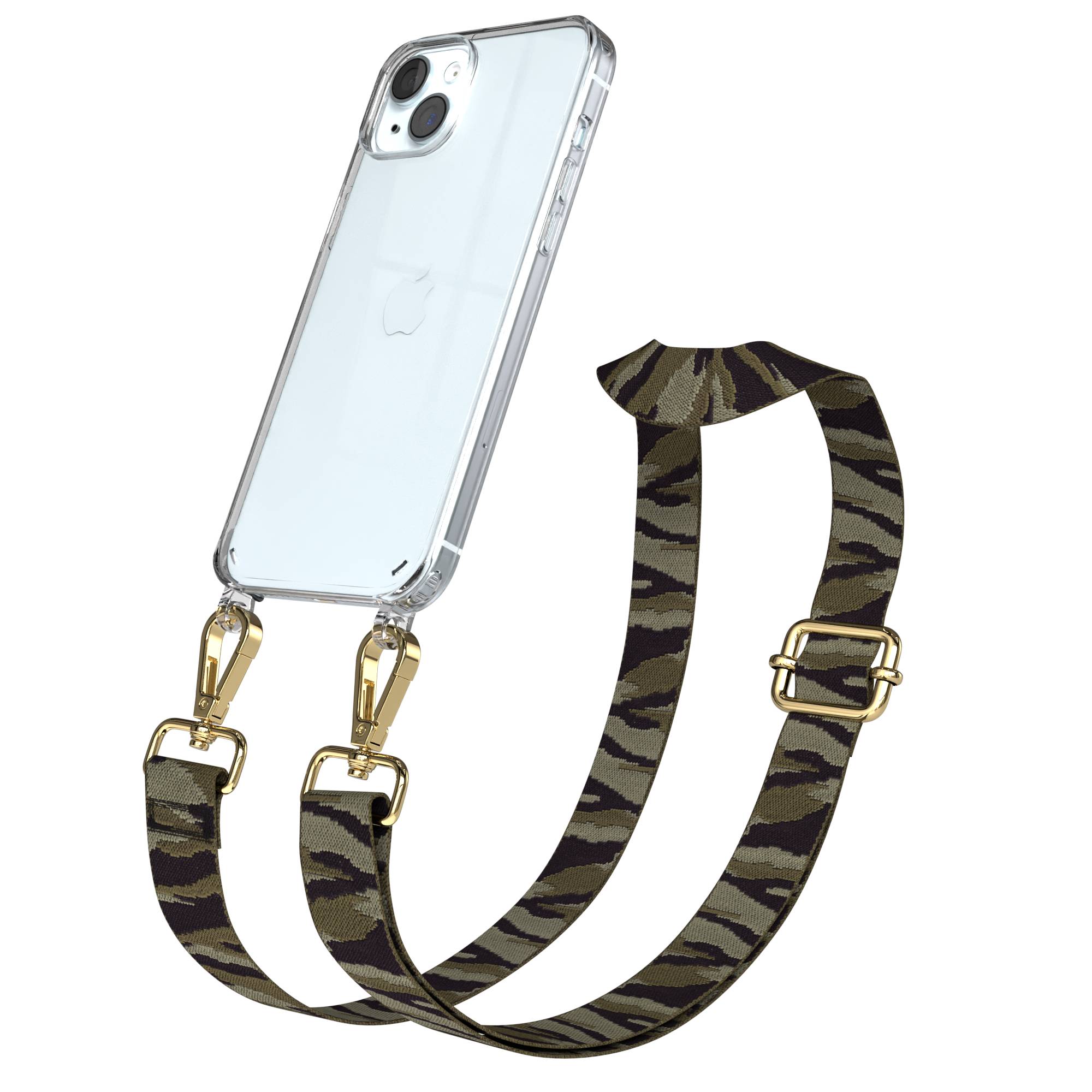 iPhone 15 Plus Handykette verstellbar mit Boho Band Design EAZY CASE #farbe_grun-camouflage-metallfarbe-gold