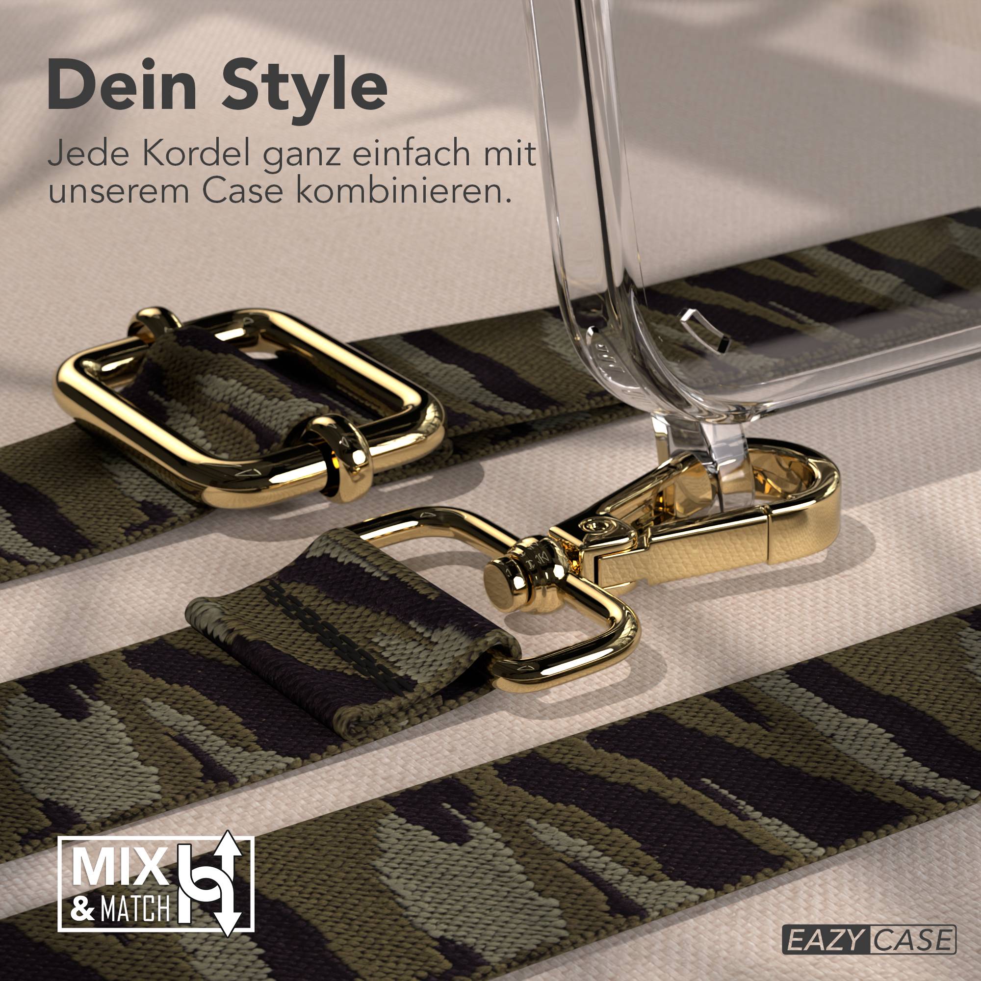 iPhone 15 Plus Handykette verstellbar mit Boho Band Design EAZY CASE #farbe_grun-camouflage-metallfarbe-gold