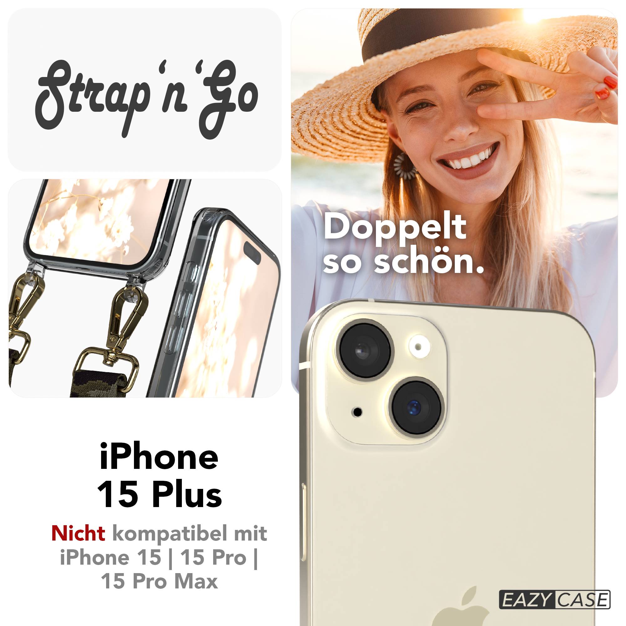 iPhone 15 Plus Handykette verstellbar mit Boho Band Design EAZY CASE #farbe_grun-camouflage-metallfarbe-gold