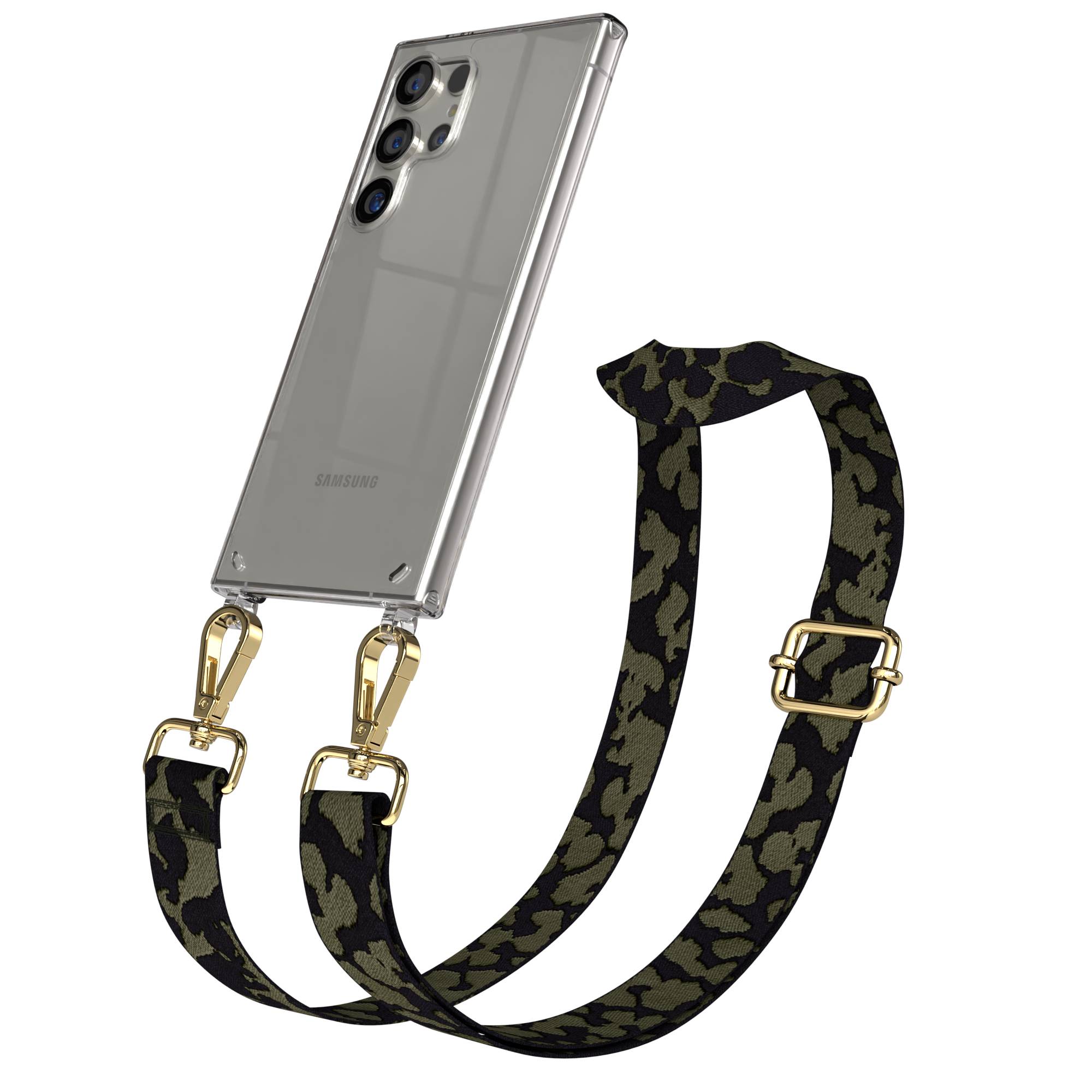 Samsung Galaxy S24 Ultra Handykette mit Boho Band zum Umhängen #farbe_dunkelgrun-camouflage-metallfarbe-gold