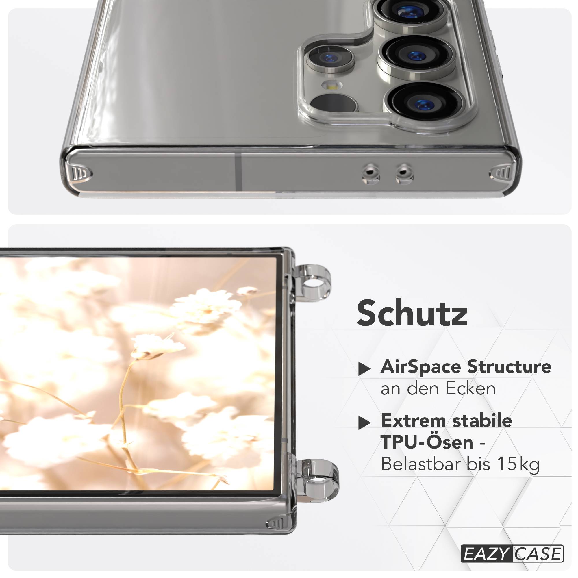 Samsung Galaxy S24 Ultra Handykette mit Boho Band zum Umhängen #farbe_dunkelgrun-camouflage-metallfarbe-gold