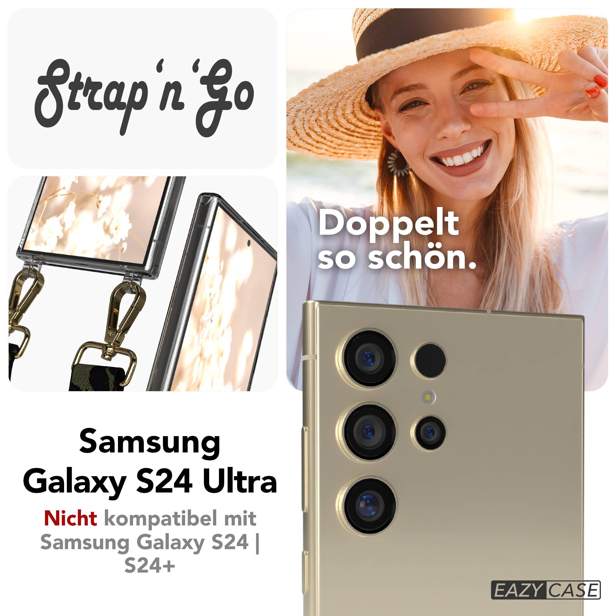 Samsung Galaxy S24 Ultra Handykette mit Boho Band zum Umhängen #farbe_dunkelgrun-camouflage-metallfarbe-gold