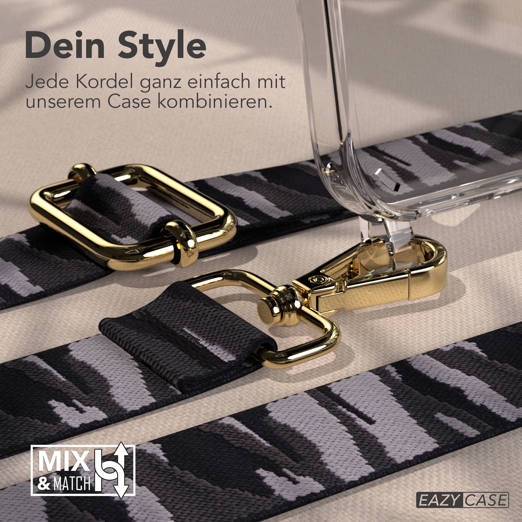 iPhone 16 Handykette mit verstellbarem Boho Band und Metallapplikationen #farbe_grau-camouflage-metallfarbe-gold