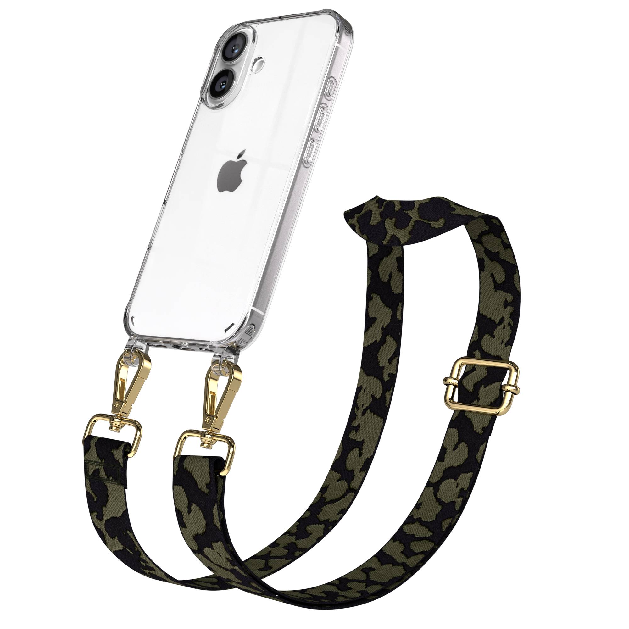 iPhone 16 Handykette mit verstellbarem Boho Band und Metallapplikationen #farbe_dunkelgrun-camouflage-metallfarbe-gold