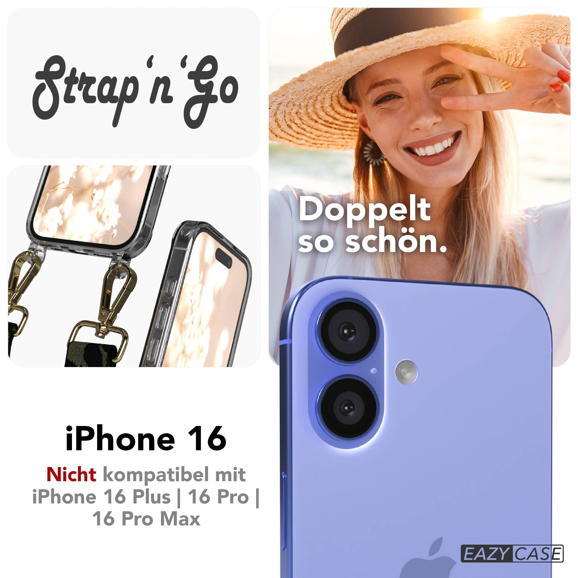 iPhone 16 Handykette mit verstellbarem Boho Band und Metallapplikationen #farbe_dunkelgrun-camouflage-metallfarbe-gold