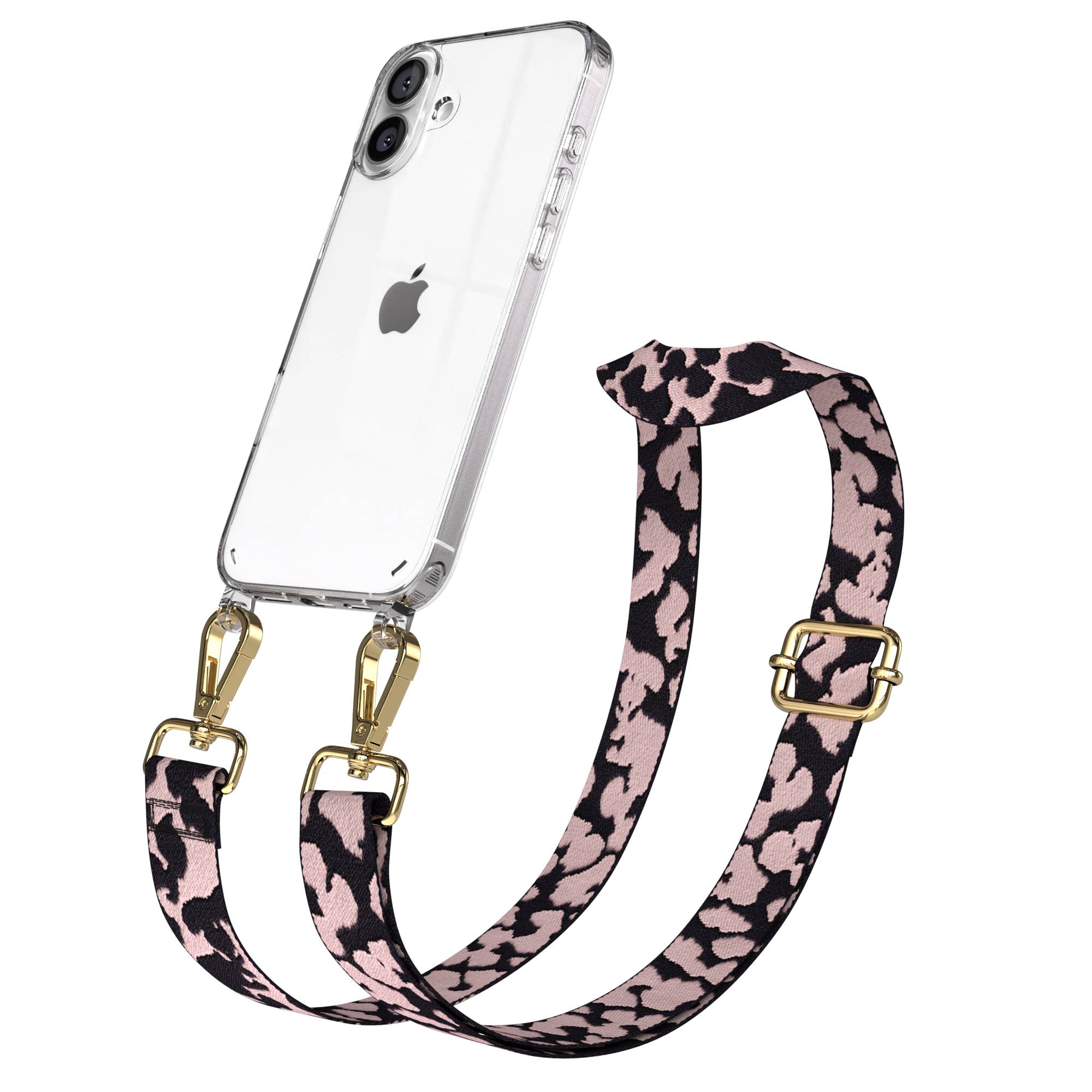iPhone 16 Plus Handykette mit Boho Band und verstellbarem Trageriemen #farbe_rosa-camouflage-metallfarbe-gold