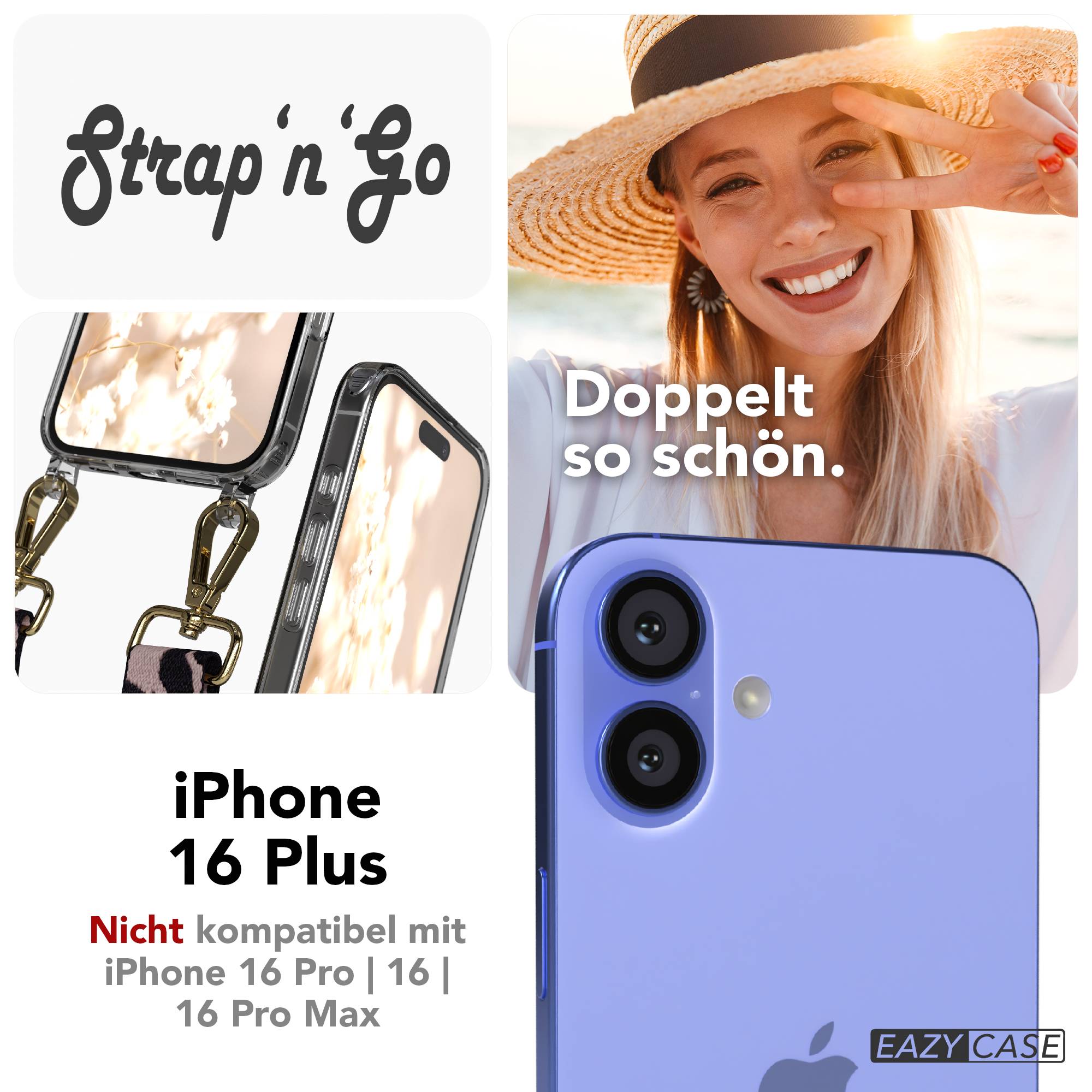 iPhone 16 Plus Handykette mit Boho Band und verstellbarem Trageriemen #farbe_rosa-camouflage-metallfarbe-gold