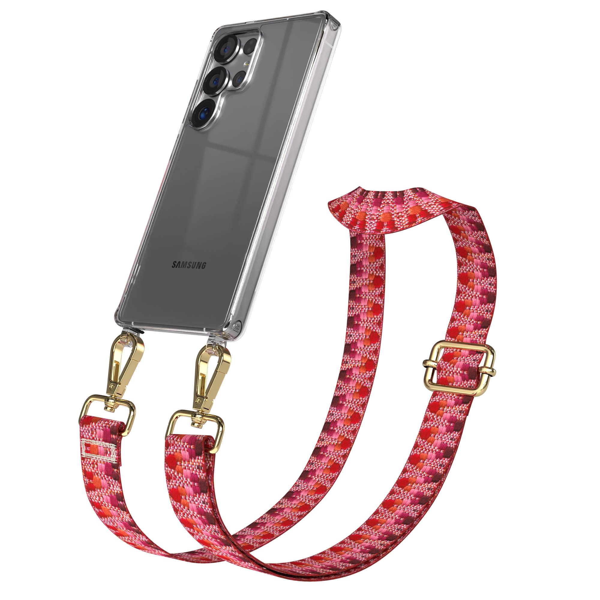 Samsung Galaxy S25 Ultra Handykette mit verstellbarem Boho Trageriemen Set #farbe_beere-metallfarbe-gold