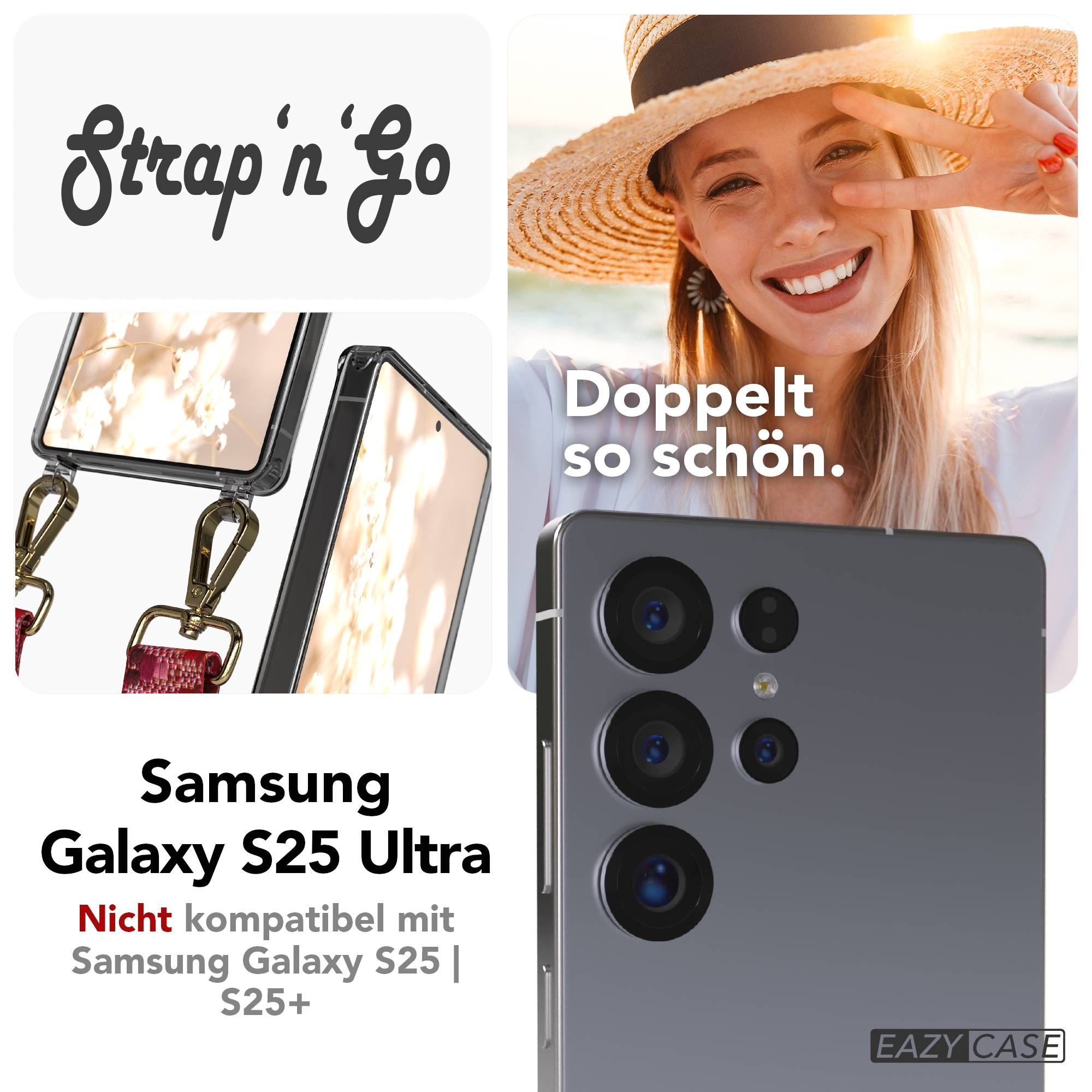 Samsung Galaxy S25 Ultra Handykette mit verstellbarem Boho Trageriemen Set #farbe_beere-metallfarbe-gold