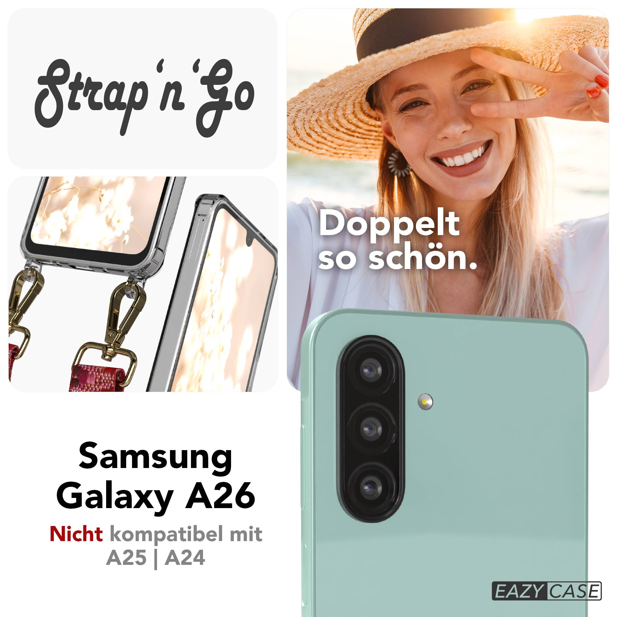 Samsung Galaxy A26 Handykette mit verstellbarem Trageriemen und Boho Band #farbe_beere-metallfarbe-gold