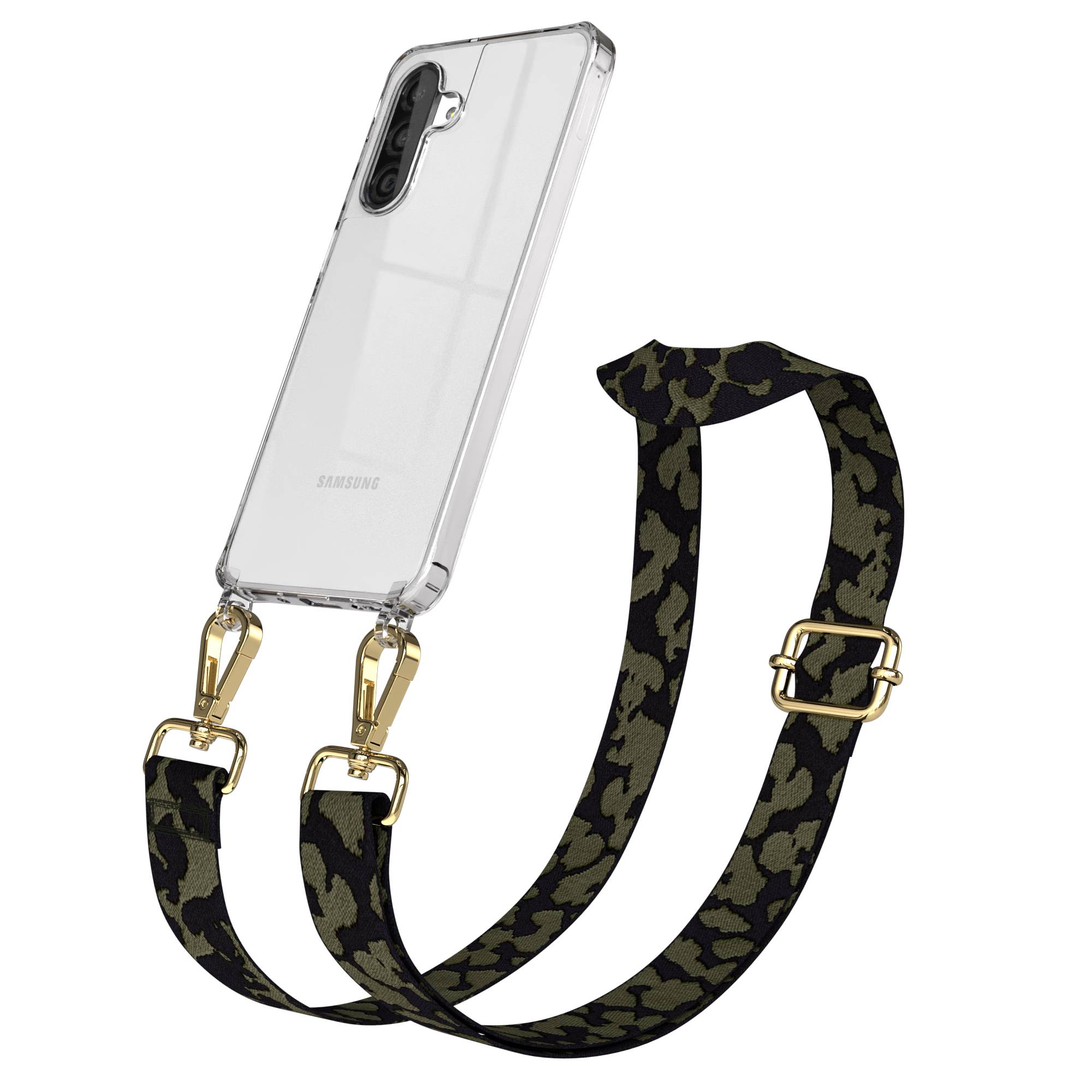 Samsung Galaxy A26 Handykette mit verstellbarem Trageriemen und Boho Band #farbe_dunkelgrun-camouflage-metallfarbe-gold