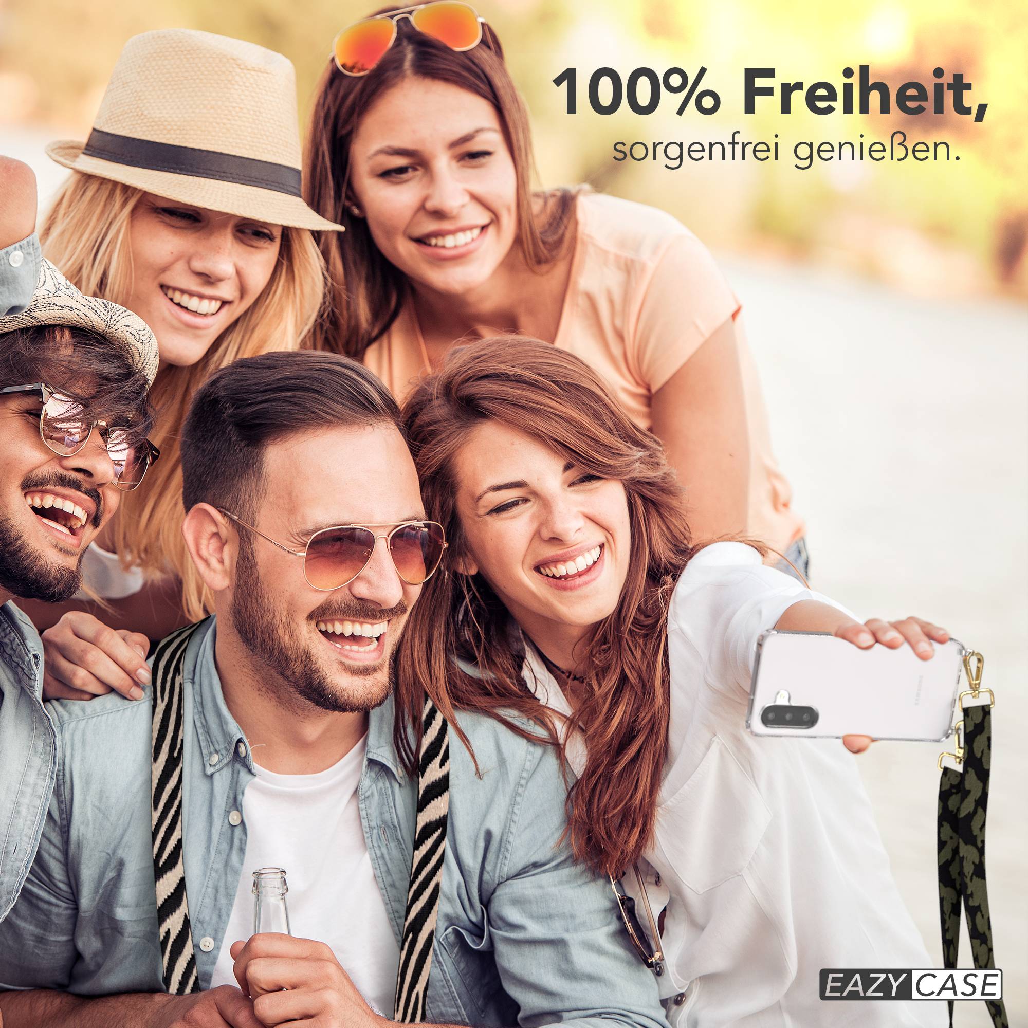 Samsung Galaxy A26 Handykette mit verstellbarem Trageriemen und Boho Band #farbe_dunkelgrun-camouflage-metallfarbe-gold