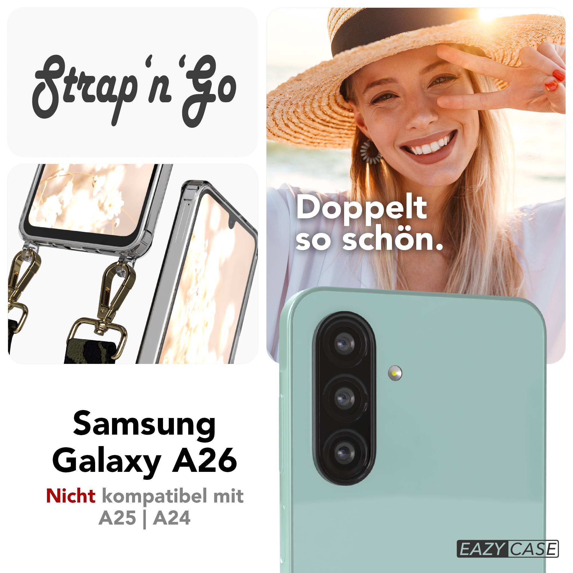 Samsung Galaxy A26 Handykette mit verstellbarem Trageriemen und Boho Band #farbe_dunkelgrun-camouflage-metallfarbe-gold