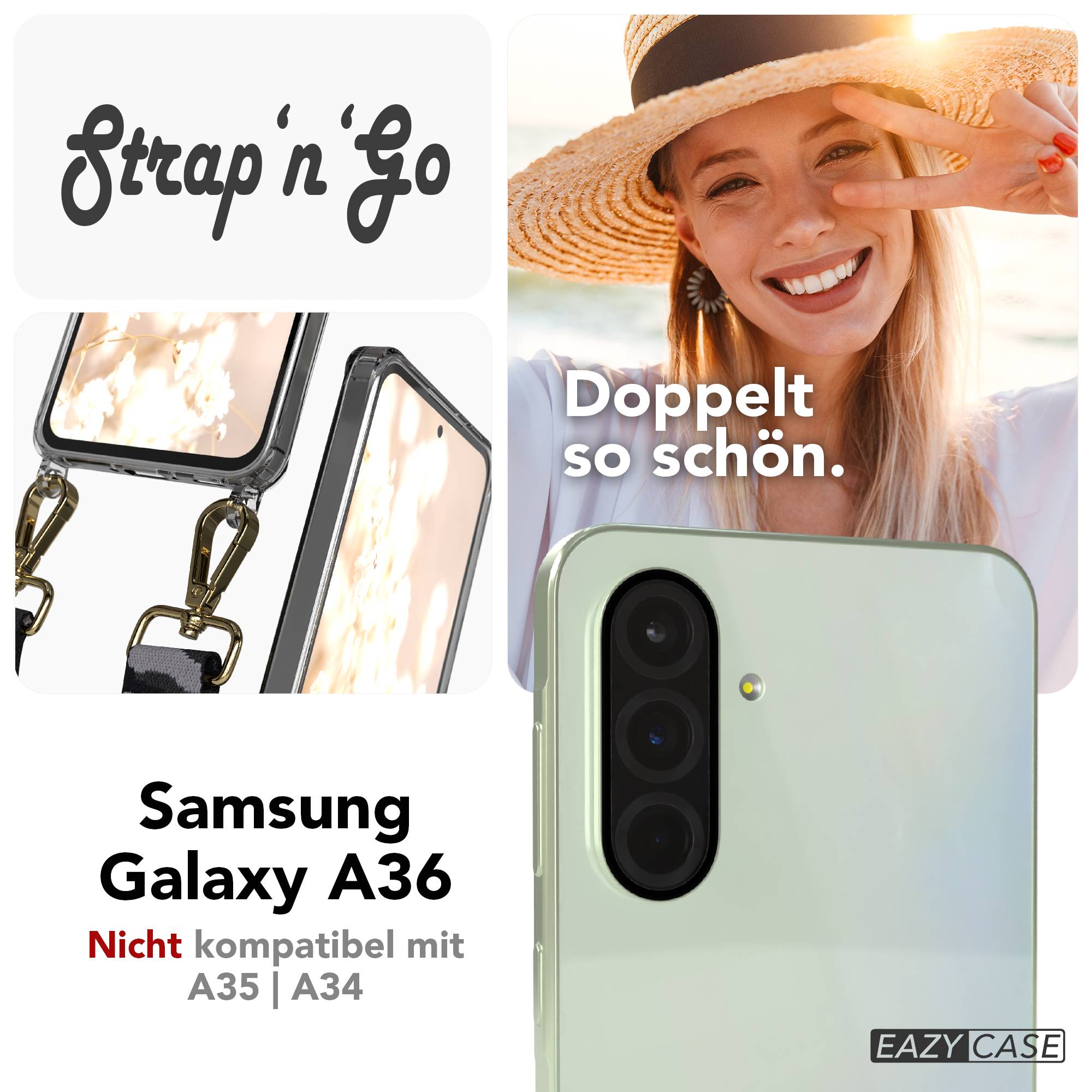 Samsung Galaxy A36 Handykette mit Boho Band verstellbar #farbe_grau-camouflage-metallfarbe-gold