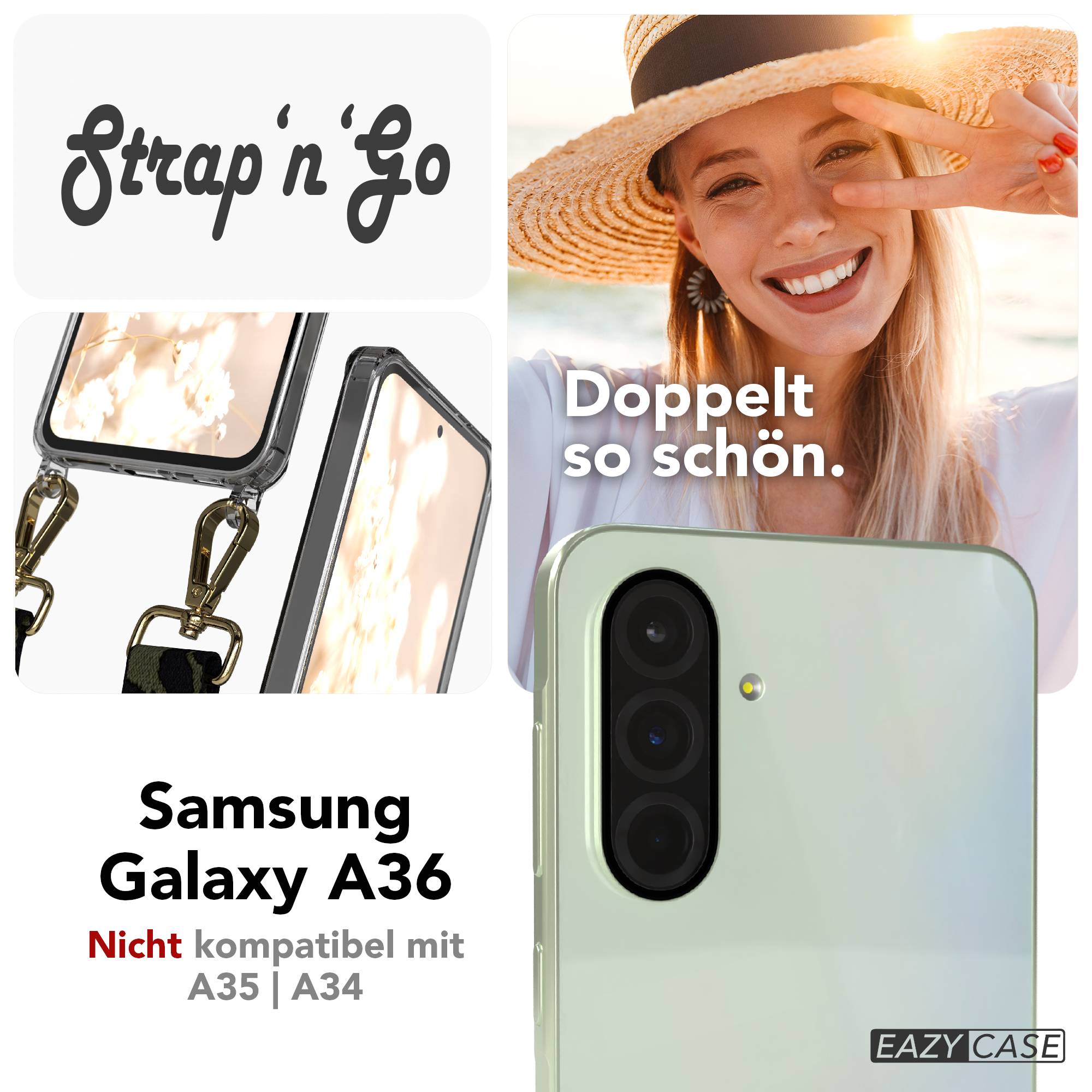Samsung Galaxy A36 Handykette mit Boho Band verstellbar #farbe_dunkelgrun-camouflage-metallfarbe-gold