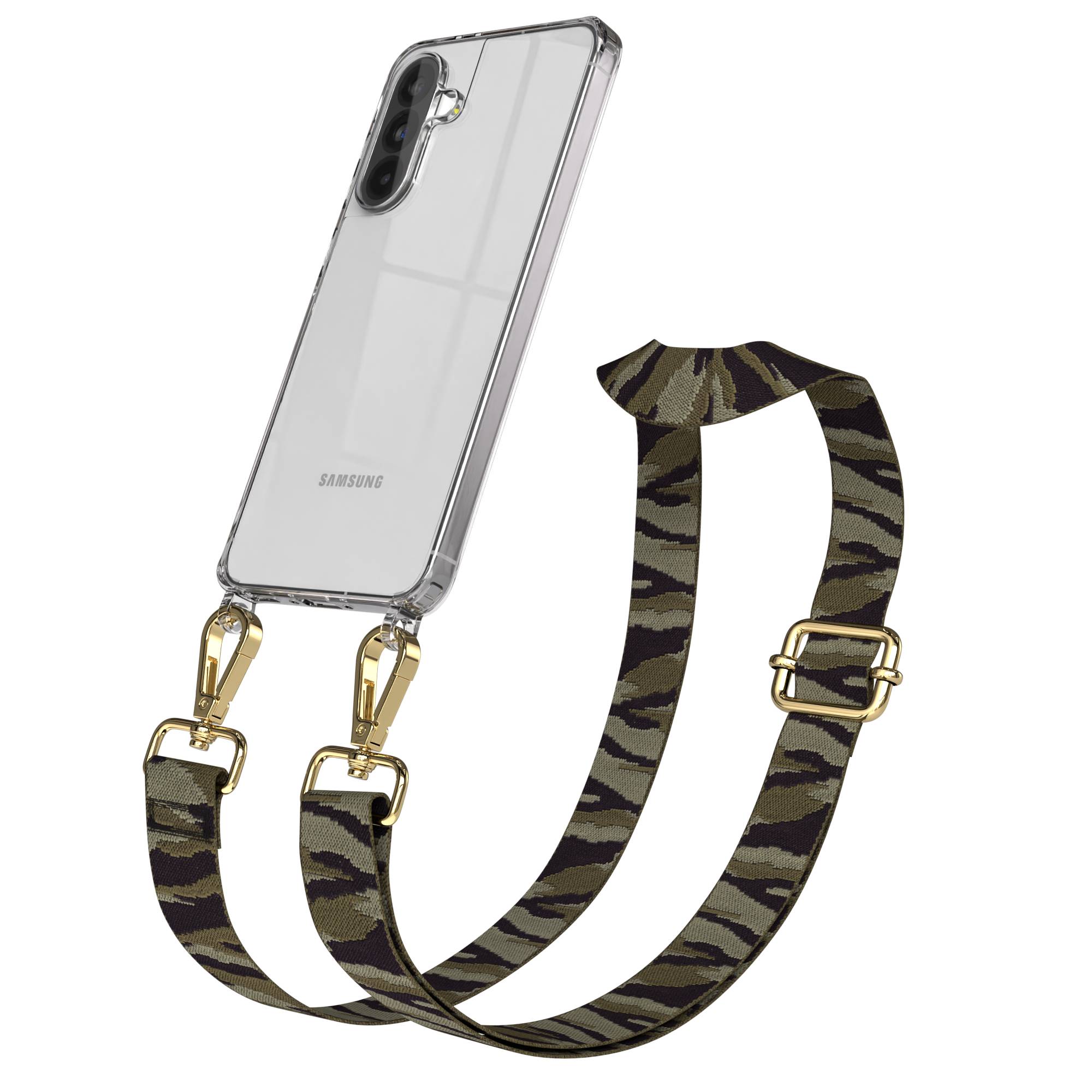 Samsung Galaxy A56 Handykette mit verstellbarem Boho Band Set #farbe_grun-camouflage-metallfarbe-gold