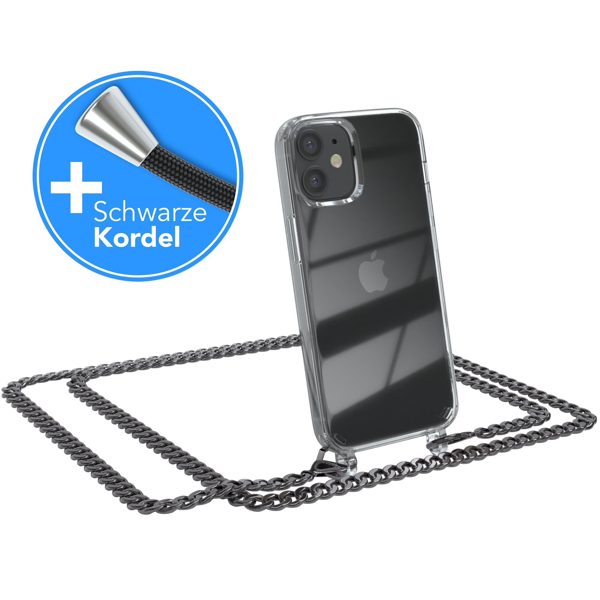 iPhone 12 Mini Hülle mit Metallkette + Schwarze Kordel