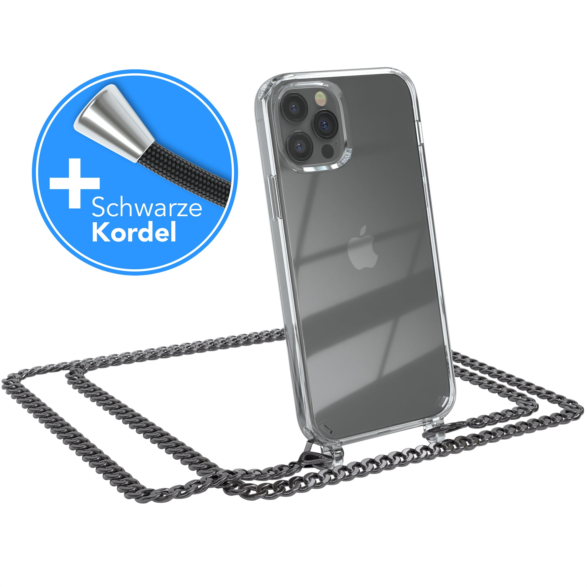 iPhone 12 / 12 Pro Hülle mit Metallkette + Schwarze Kordel