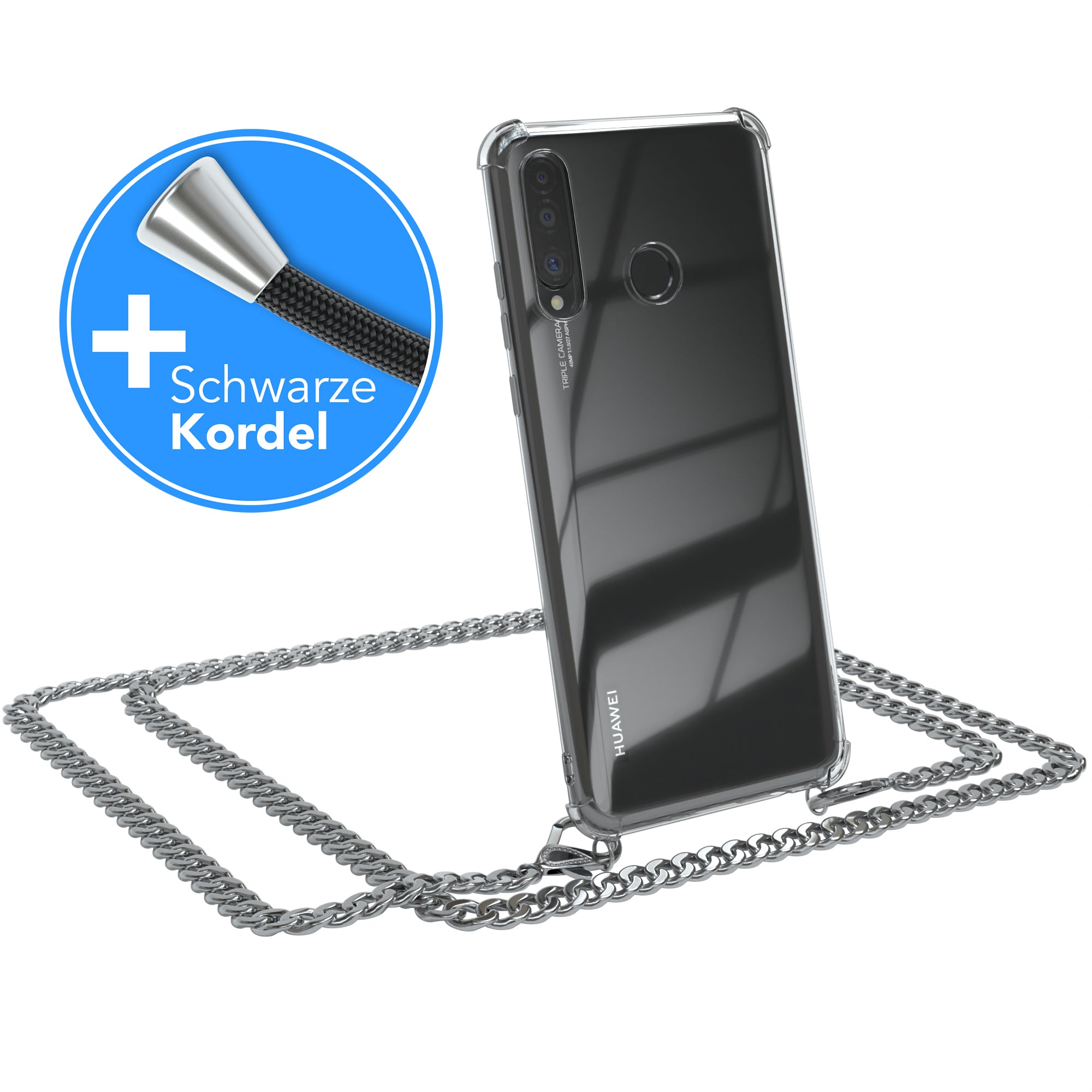 Huawei P30 Lite / P30 Lite New Edition Hülle mit Metallkette + Schwarze Kordel