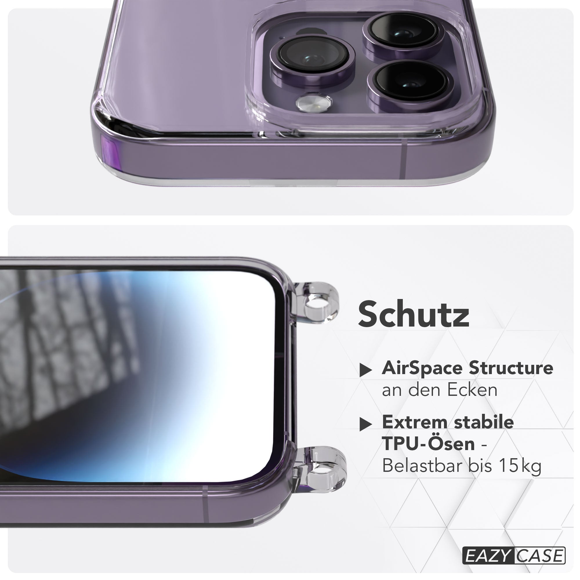 iPhone 14 Pro Schutzhülle mit Befestigungsösen für Handyketten transparent