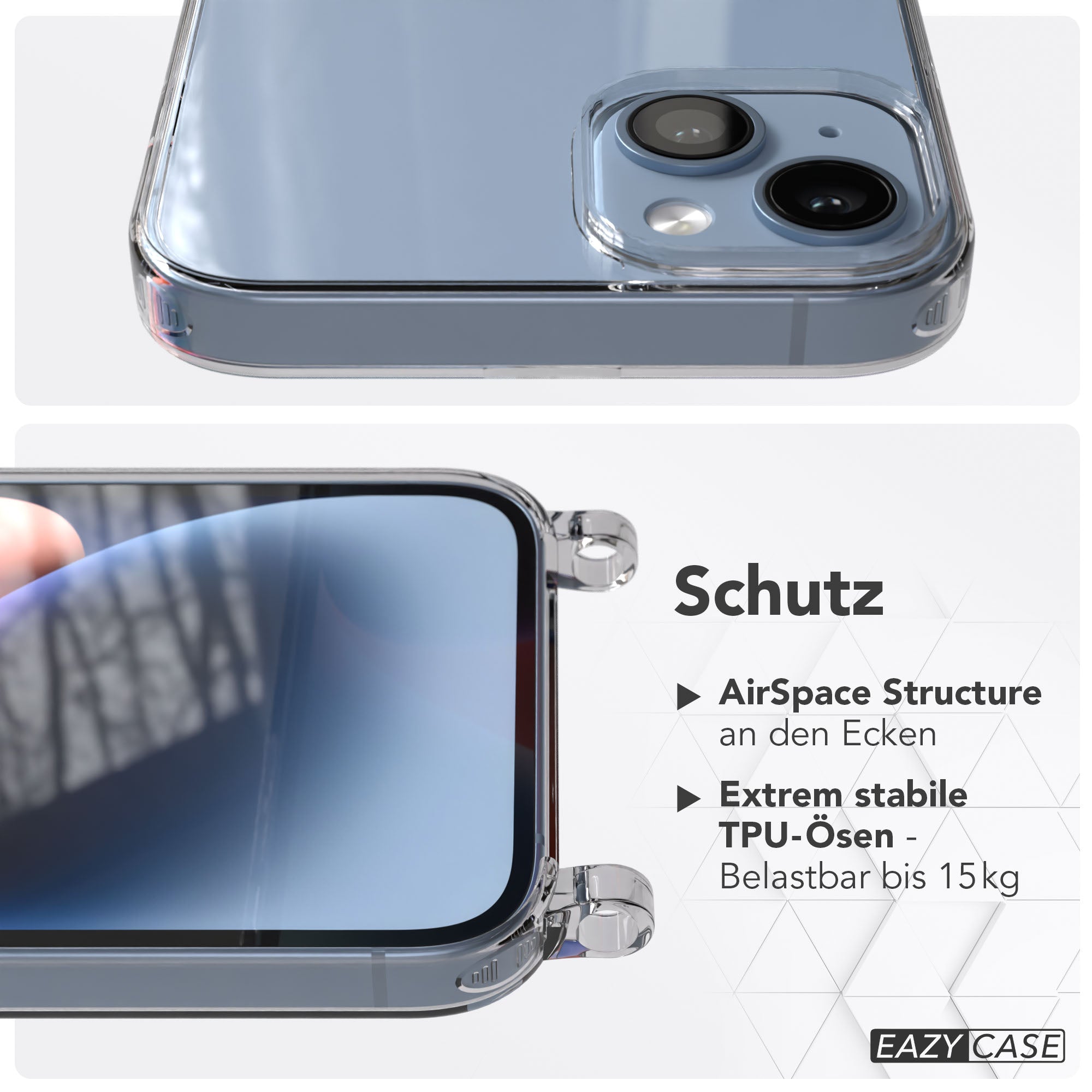 iPhone 14 Plus Handyhülle mit Befestigungsösen für Handyketten transparent