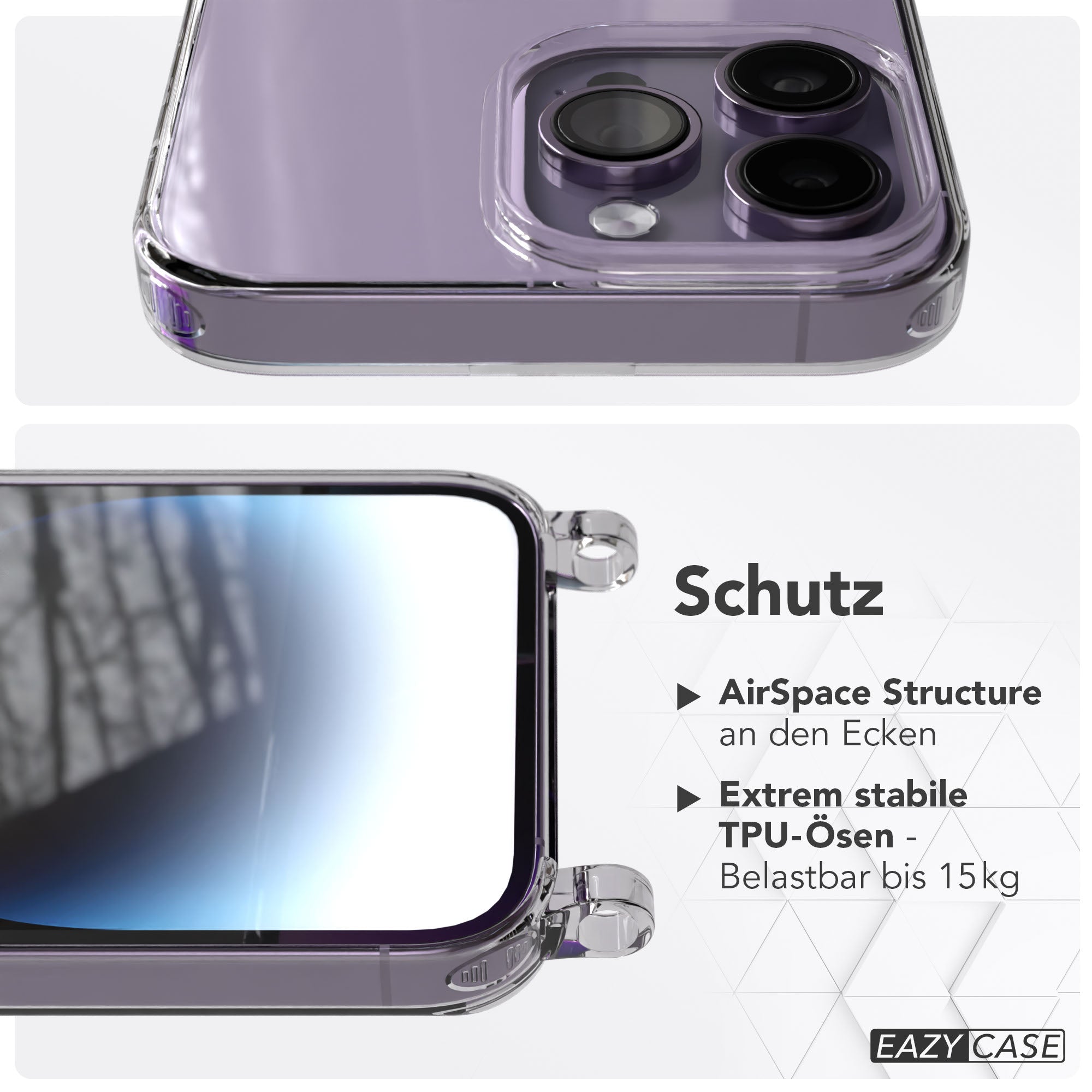 iPhone 14 Pro Max Hülle mit Handyketten Befestigungsösen TPU transparent
