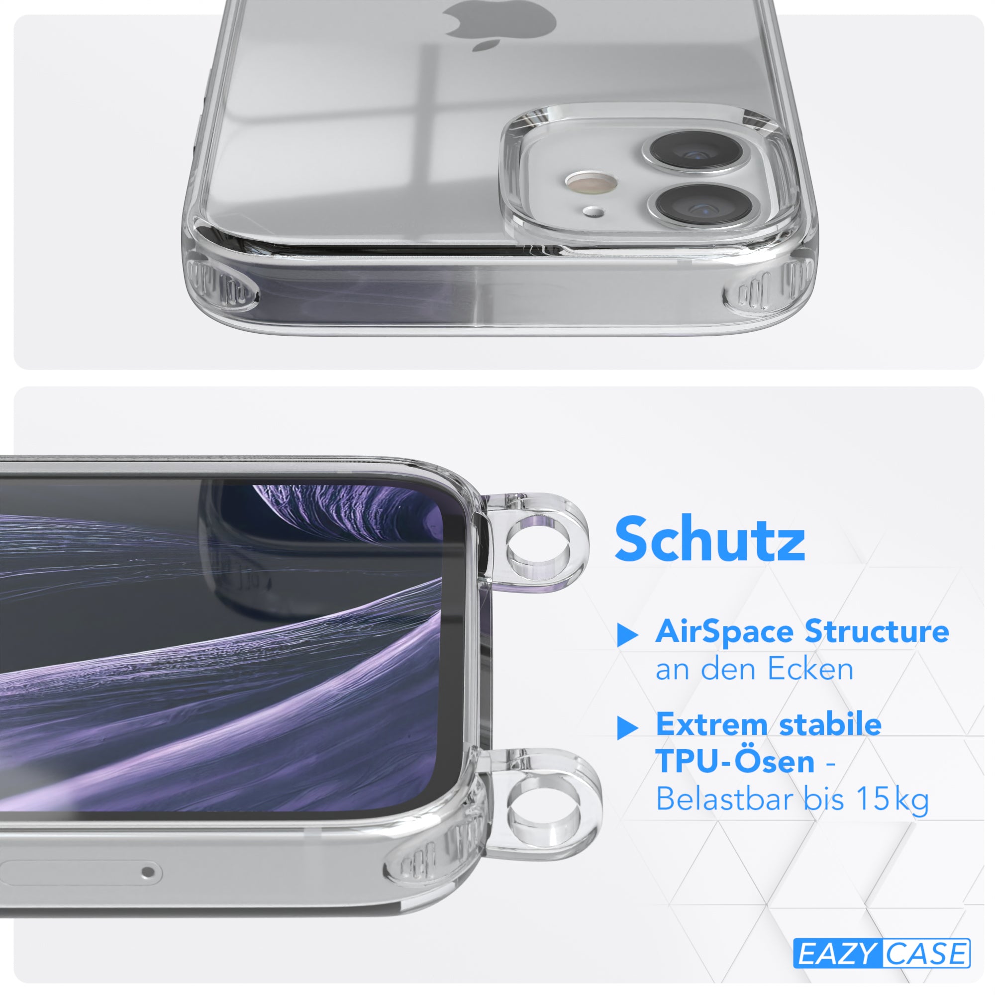 iPhone 12 Mini Hülle + Kordel mit Karabinern