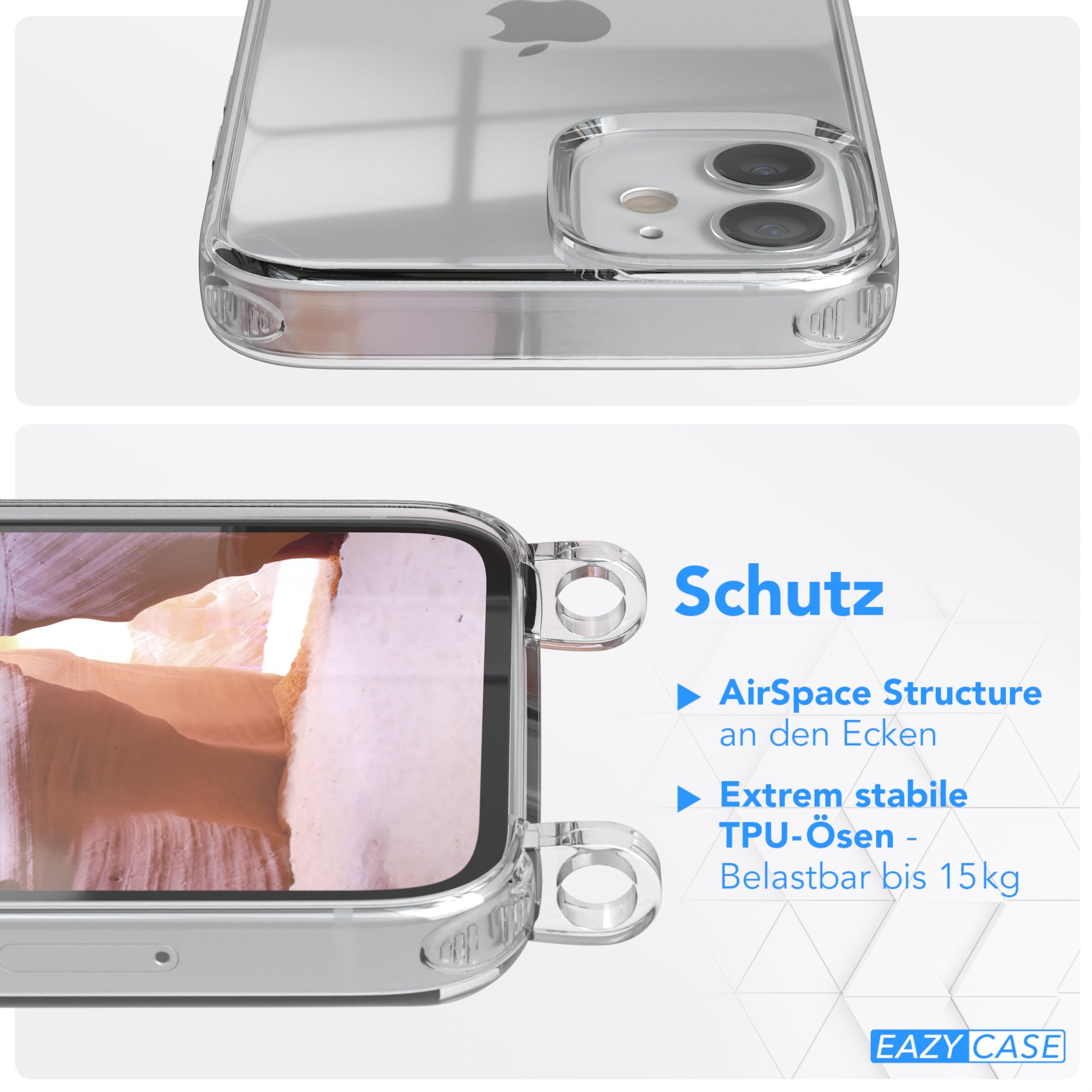 iPhone 12 Mini Hülle + Kordel mit Karabinern