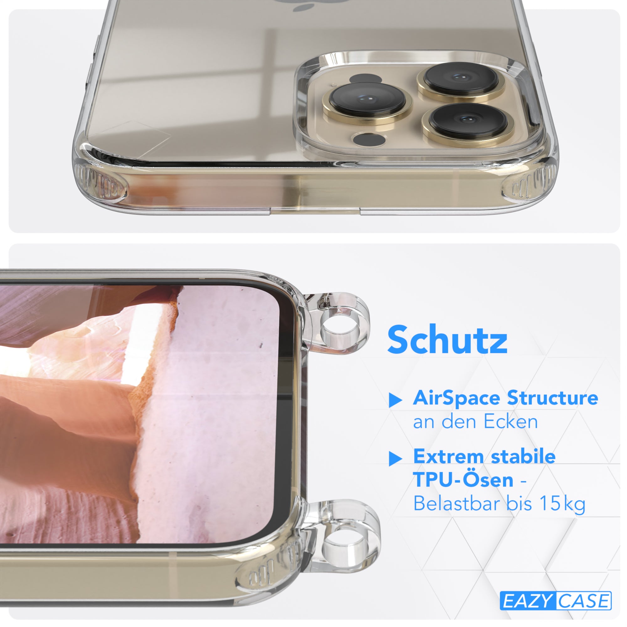 iPhone 13 Pro Max Hülle + Kordel mit Karabinern