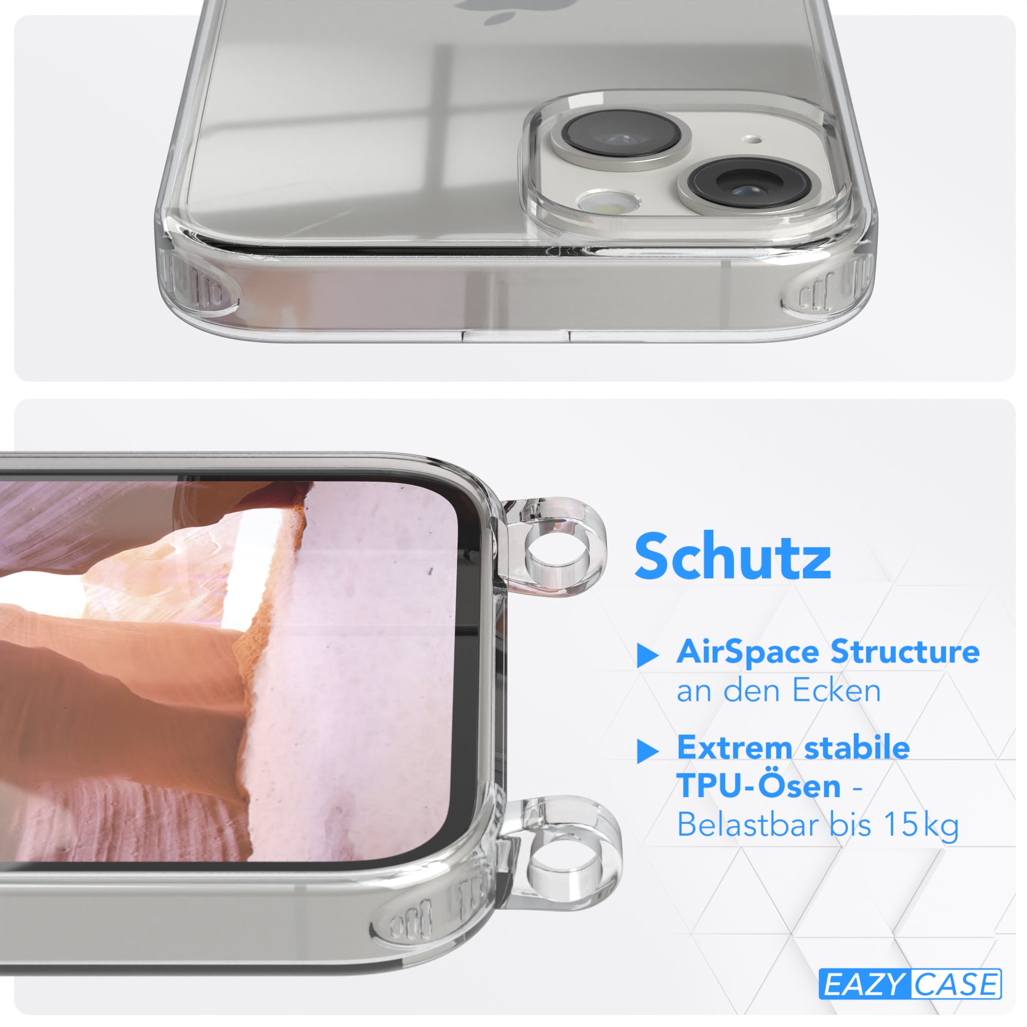 iPhone 14 Hülle + Kordel mit Karabinern